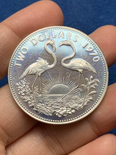 《竞宝斋》第473场 周日，周一 2场连拍 （全场包邮）欢迎送拍 - 巴哈马1970年伊丽莎白二世2元银币 925银 29.8克