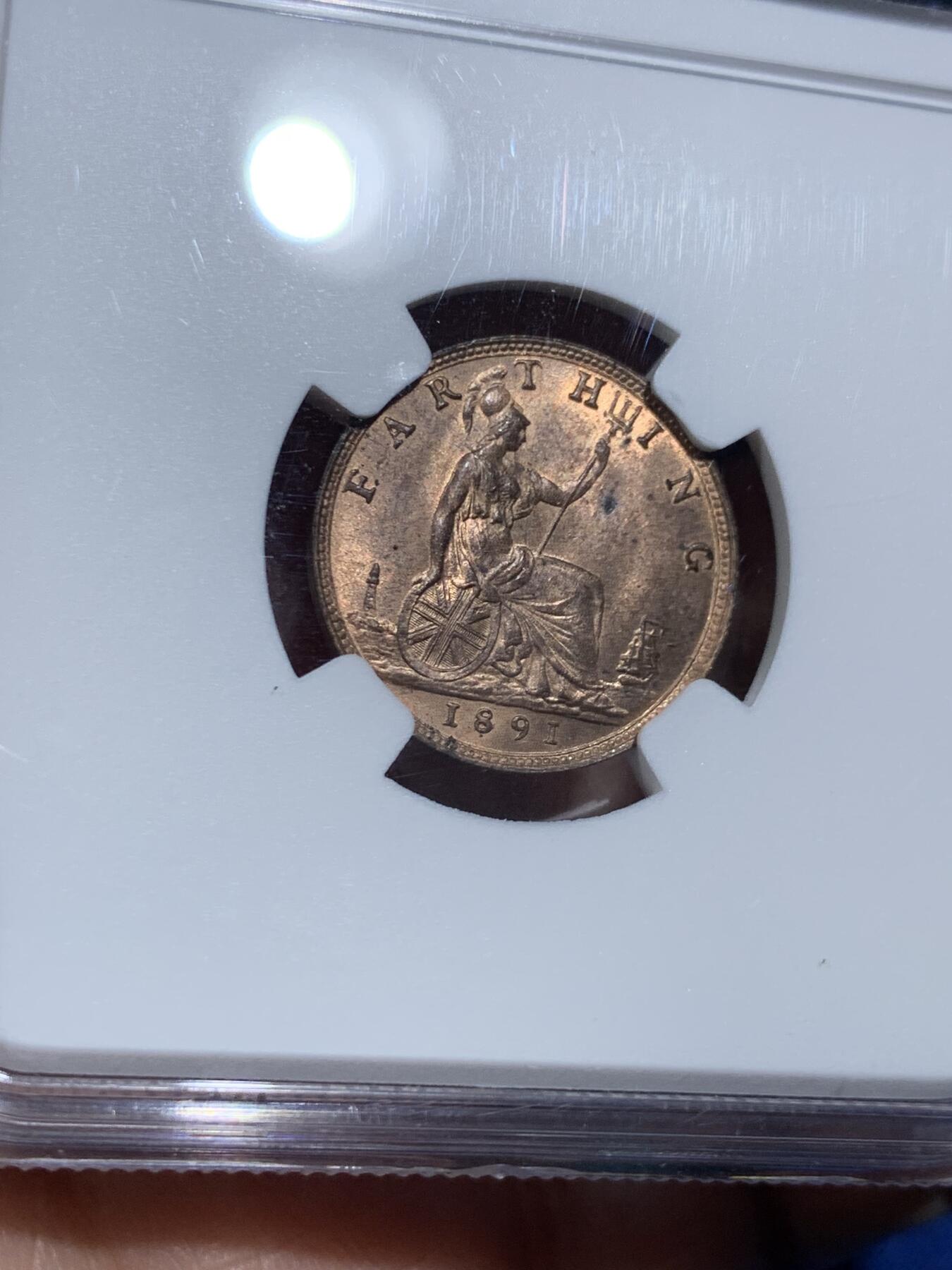 《竞宝斋》第473场 周日，周一 2场连拍 （全场包邮）欢迎送拍 NGC MS64RB 英国1891年 维多利亚1法新(1/4便士)铜币 铜光犹在 少见高分 同品类NGC更高评分仅3枚