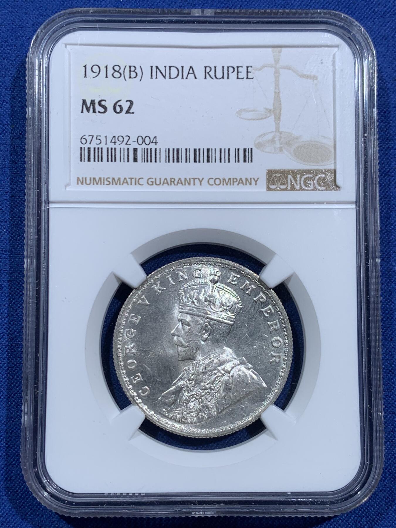 《竞宝斋》第473场 周日，周一 2场连拍 （全场包邮）欢迎送拍 NGC MS62 英属印度1918年乔治五世1卢比银币 转光强烈