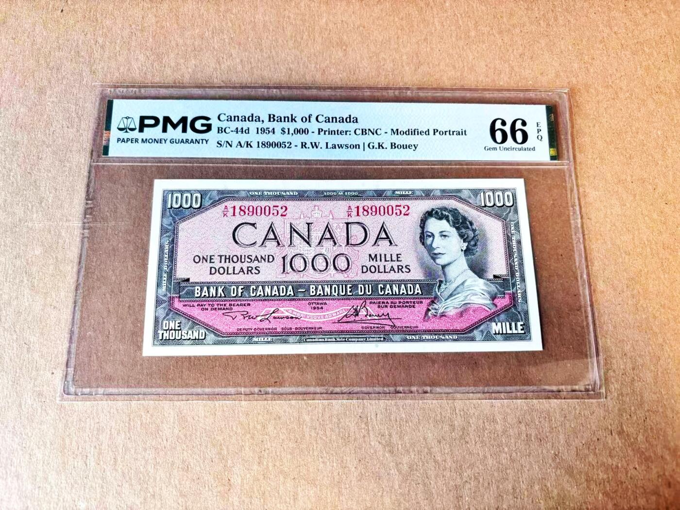 【Blue Auction】世界纸币精拍第798期——18级TOP拍卖/信誉/品质/专业/高效💫 【无47】加拿大 1954年1000元 最高值 早期女王 升值潜力巨大 PMG66EPQ 背面风景唯美
