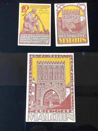 2026年第三十七场(总第二百零六场）德紧纸币特拍场(佣金3%，最低1元) - 德紧纸币–德国梅克伦堡-前波美拉尼亚州马尔欣市（Stadt Malchin i.M.，标注  Malchin ）10、25、50芬妮三枚套票