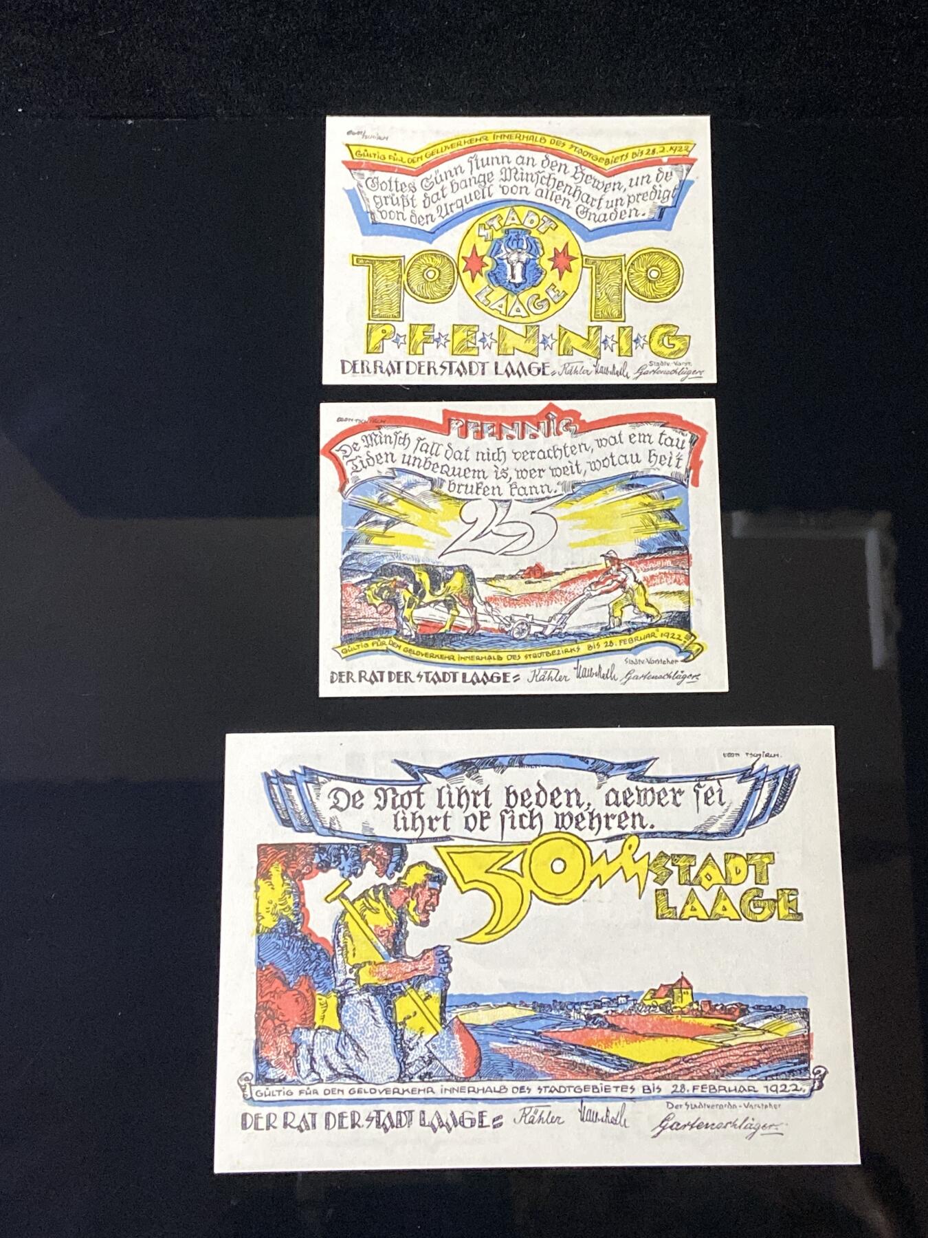 2026年第三十七场(总第二百零六场）德紧纸币特拍场(佣金3%，最低1元) 德紧纸币–德国梅克伦堡-前波美拉尼亚州拉格市（Stadt Laage i.M.，标注  Laage ， i.M.  为 in Mecklenburg 缩写）10、25、50芬妮三枚套票