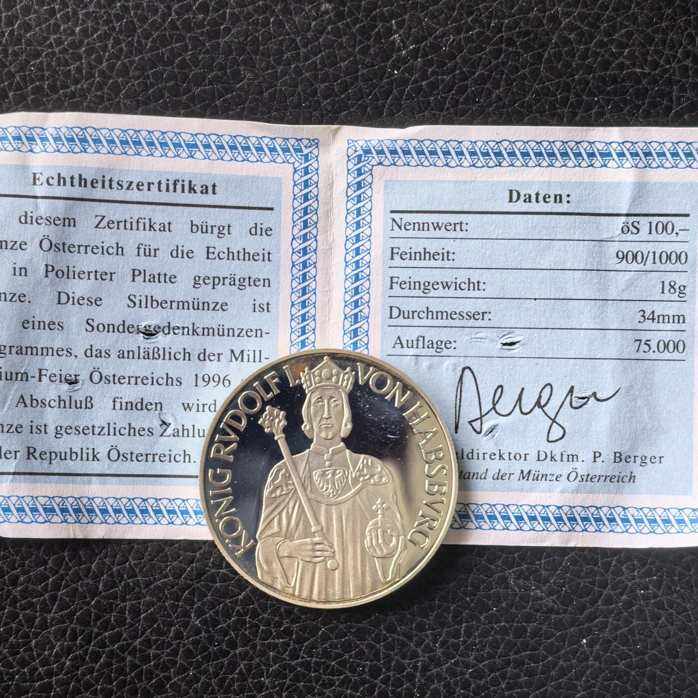 道一币馆币章第一百七十一场 带证书 奥地利1991年鲁道夫一世国王100先令精制银币  18g 900s