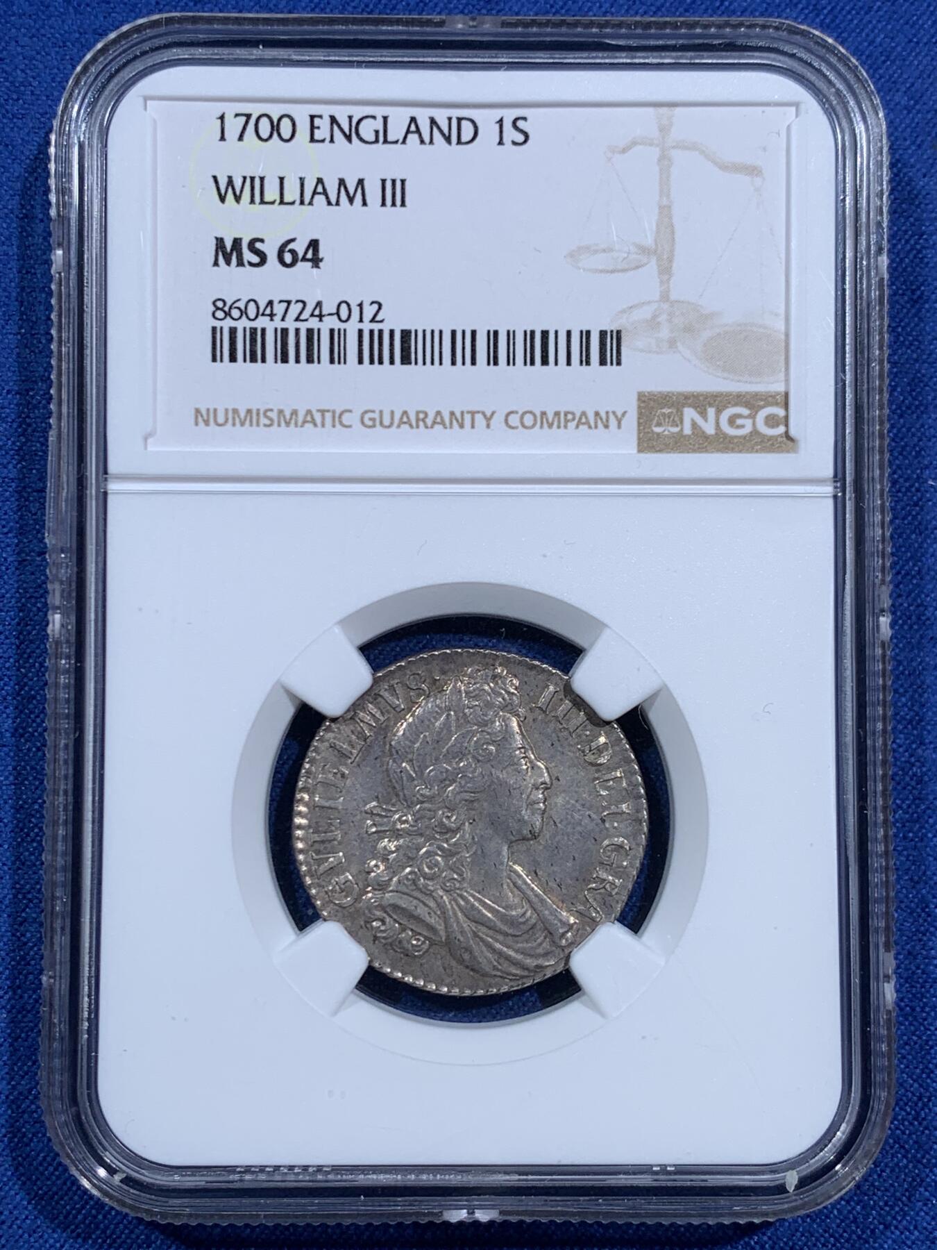 《竞宝斋》第473场 周日，周一 2场连拍 （全场包邮）欢迎送拍 NGC-MS64 英国 1700年威廉三世一先令银币 英系毕业级收藏