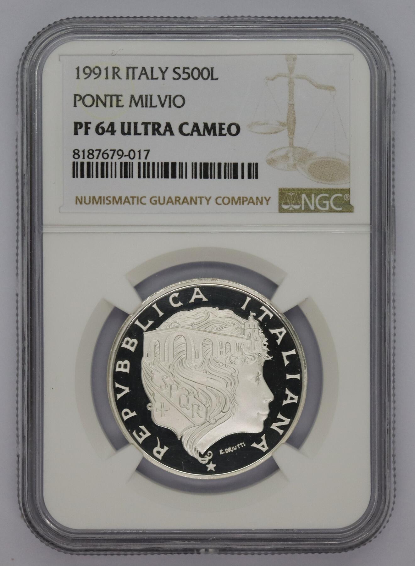 观钱 近现代机制币拍卖No.005（全场顺丰包邮，不区分偏远地区）  1991 年意大利 500 里拉米尔维奥桥纪念银币 NGC   PF 64 Ultra Cameo