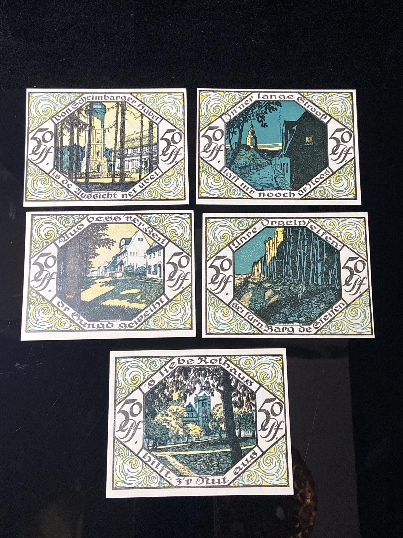 2026年第三十七场(总第二百零六场）德紧纸币特拍场(佣金3%，最低1元) 德紧纸币–德国萨克森州沙伊贝伦贝格市（Stadt Scheibenberg）50芬妮五枚套票