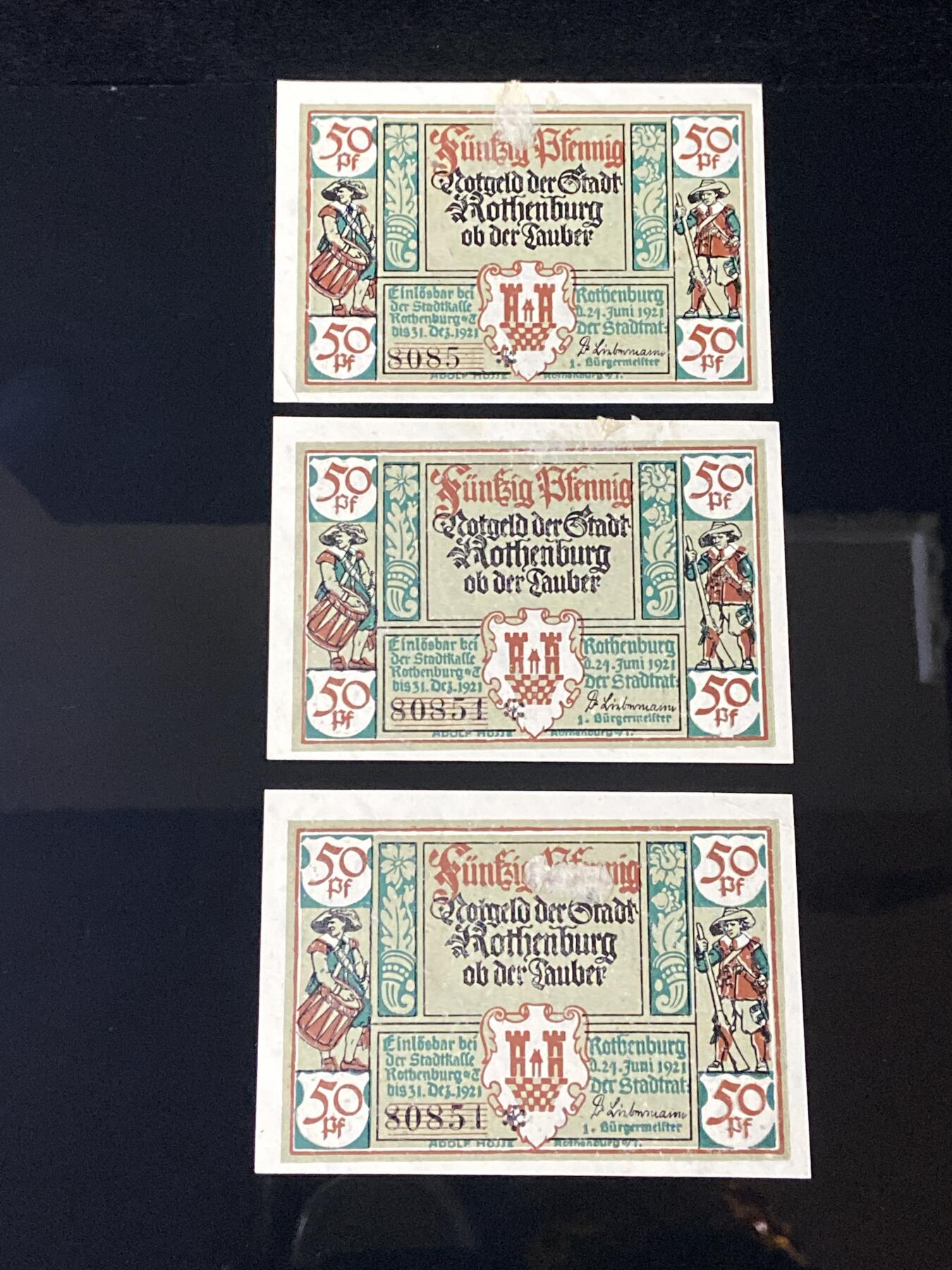 2026年第三十七场(总第二百零六场）德紧纸币特拍场(佣金3%，最低1元) 德紧纸币–德国巴伐利亚州罗滕堡市（Stadt Rothenburg ob der Tauber）50芬妮三枚套票
