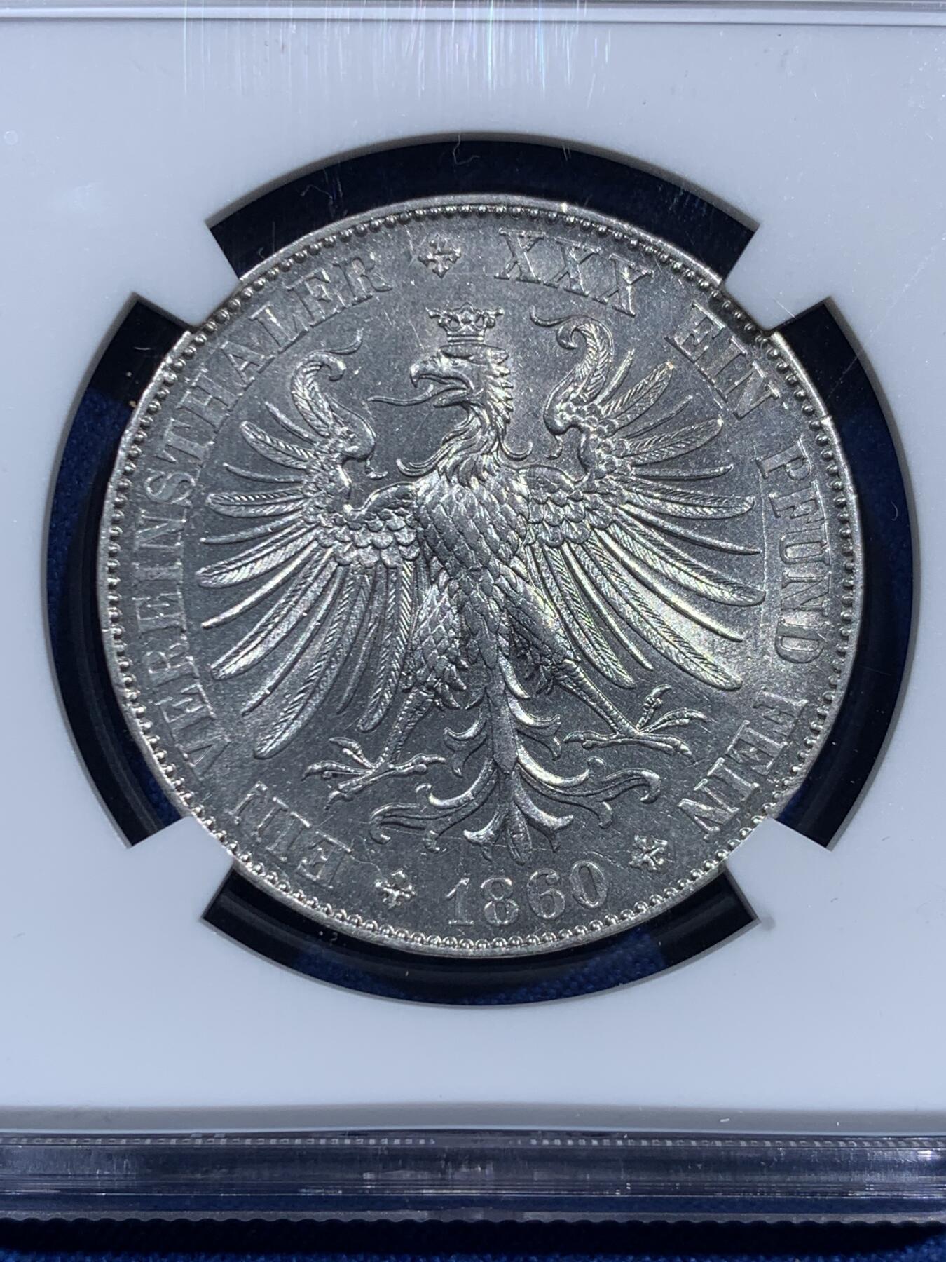 《竞宝斋》第473场 周日，周一 2场连拍 （全场包邮）欢迎送拍 NGC MS62 德国1860年法兰克福少女1泰勒银币，原光好品，非常火热的品种，MS62难度不小。