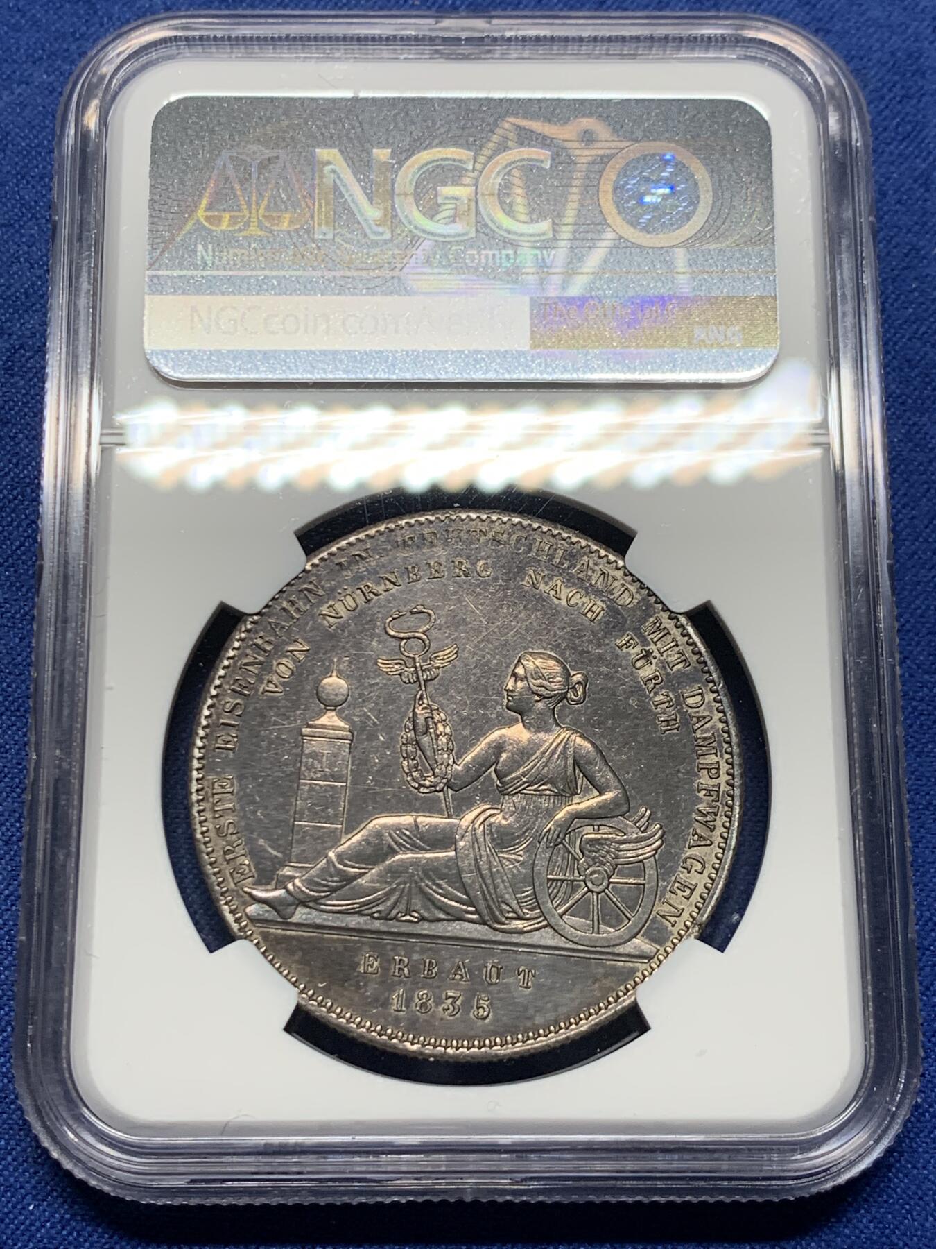 《竞宝斋》第473场 周日，周一 2场连拍 （全场包邮）欢迎送拍 NGC UNCD 德国1835年巴伐利亚路德维希一世-第一条蒸汽铁路纪念银币 UNC品质 高点发质清晰 性价比之选