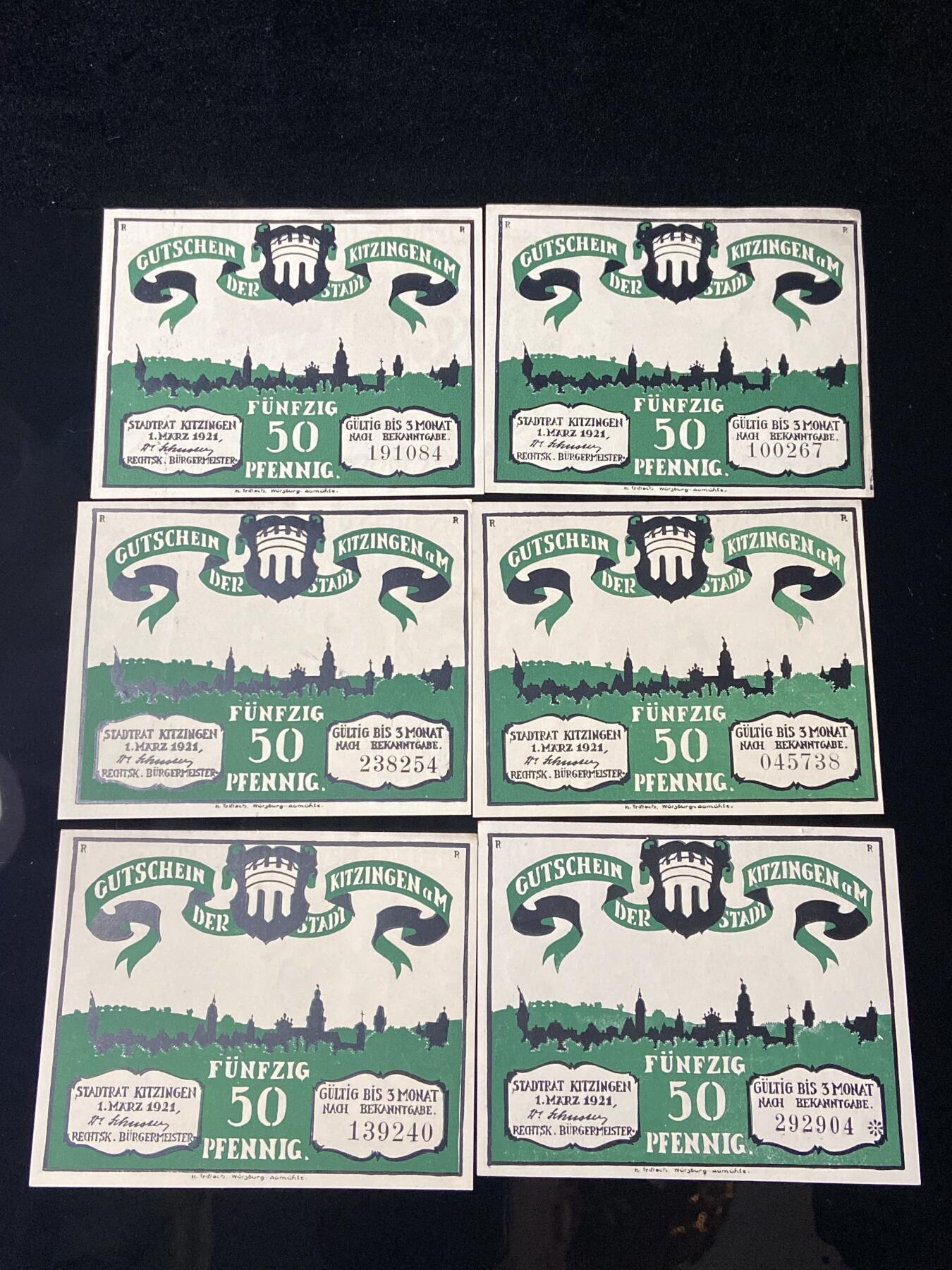 2026年第三十七场(总第二百零六场）德紧纸币特拍场(佣金3%，最低1元) 德紧纸币–德国巴伐利亚州基青根市（Kitzingen am Main），纸币标注 KITZINGEN a.M. / DER STADT （美因河畔基青根市）50芬妮六枚套票