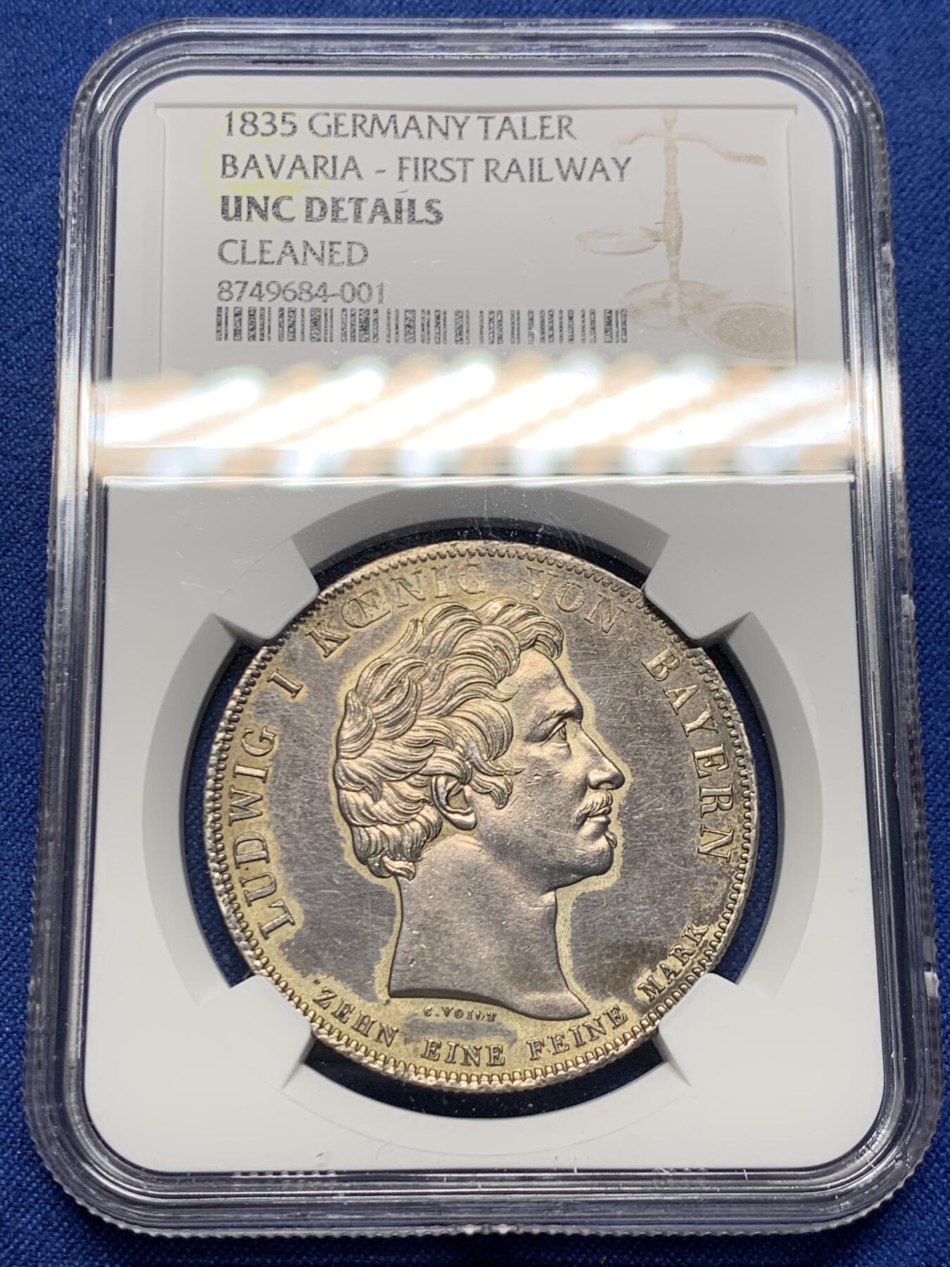 《竞宝斋》第473场 周日，周一 2场连拍 （全场包邮）欢迎送拍 NGC UNCD 德国1835年巴伐利亚路德维希一世-第一条蒸汽铁路纪念银币 UNC品质 高点发质清晰 性价比之选