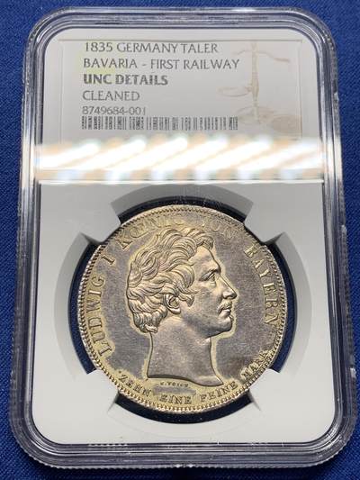 《竞宝斋》第473场 周日，周一 2场连拍 （全场包邮）欢迎送拍 - NGC UNCD 德国1835年巴伐利亚路德维希一世-第一条蒸汽铁路纪念银币 UNC品质 高点发质清晰 性价比之选