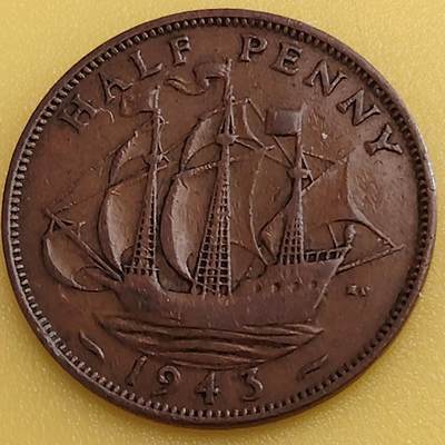 布加迪🐬～世界钱币(上海)🌾第 282 期 /  各国套币和散币 - 英国🇬🇧 1943年 1/2便士 乔治六世