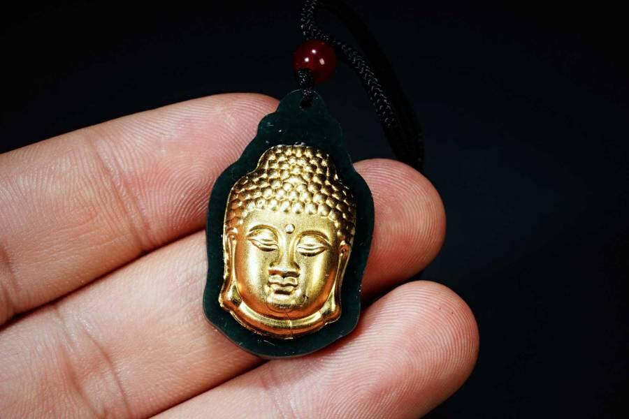 上海都达杂项专场五十八【全场包邮】  天然和田玉青玉镶嵌镀金《佛头》挂件93-84