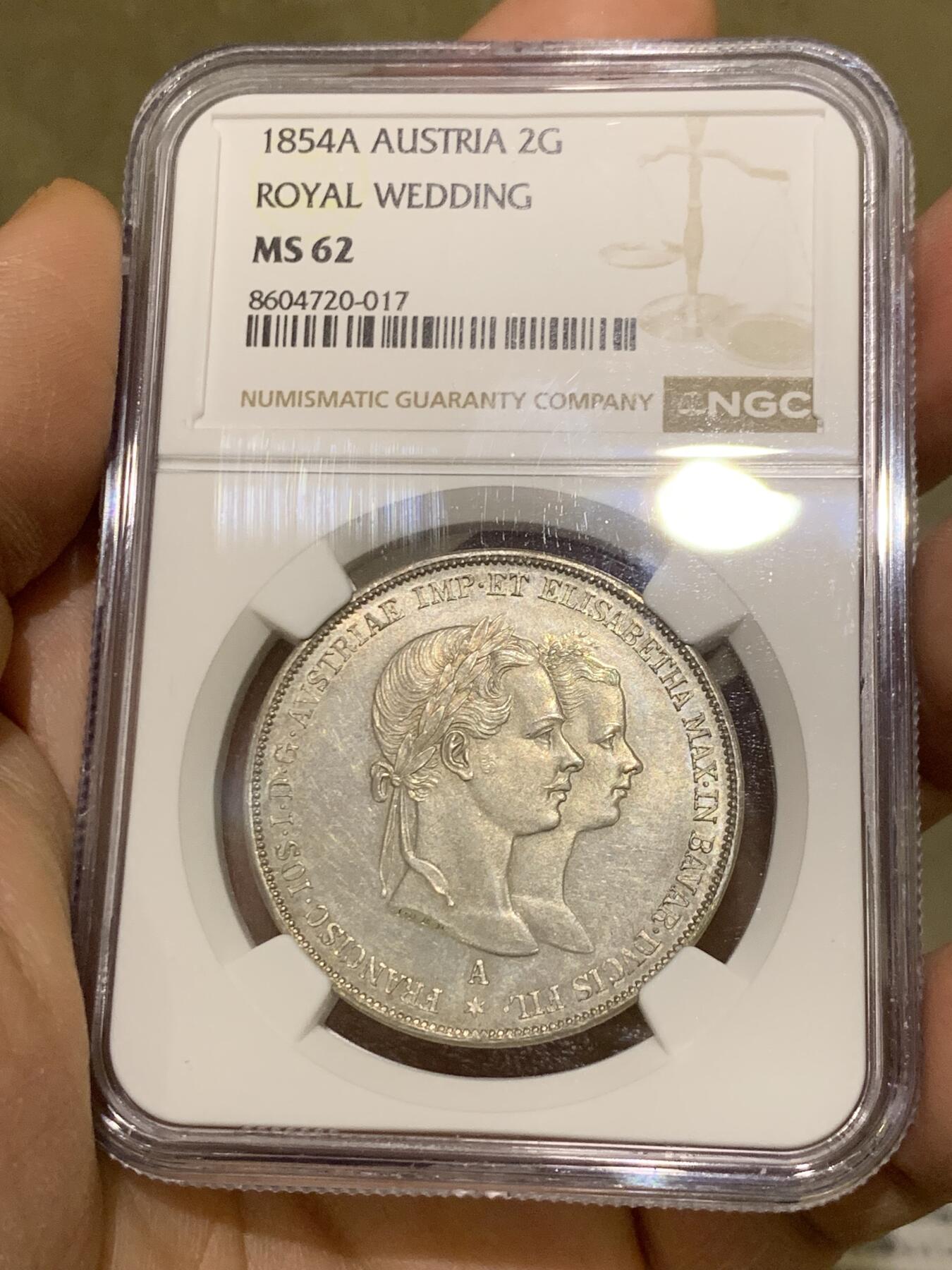 《竞宝斋》第473场 周日，周一 2场连拍 （全场包邮）欢迎送拍 NGC-MS62 奥匈帝国 奥地利 1854年 茜茜公主大婚 2盾大银币 25.9克大银币