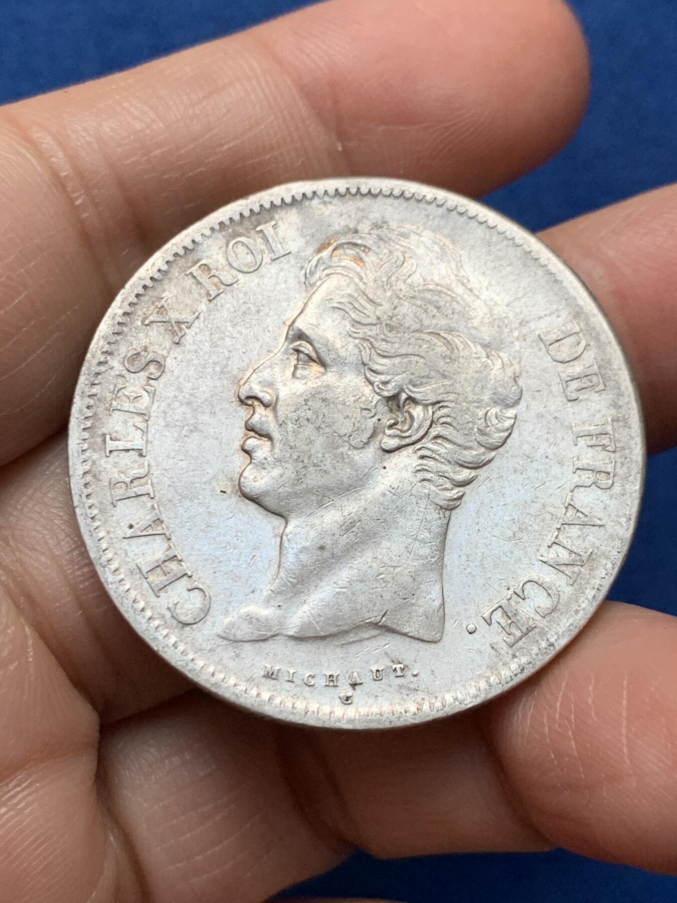 《竞宝斋》第473场 周日，周一 2场连拍 （全场包邮）欢迎送拍 法国1828年W版查理十世5法郎大银币，里尔造币厂