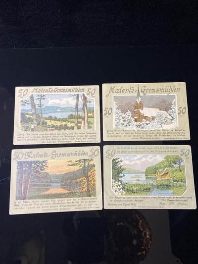 2026年第三十七场(总第二百零六场）德紧纸币特拍场(佣金3%，最低1元) - 德紧纸币–德国石勒苏益格-荷尔斯泰因州马伦特-格雷姆斯米伦市（Malente-Gremsmühlen）50芬妮四枚套票
