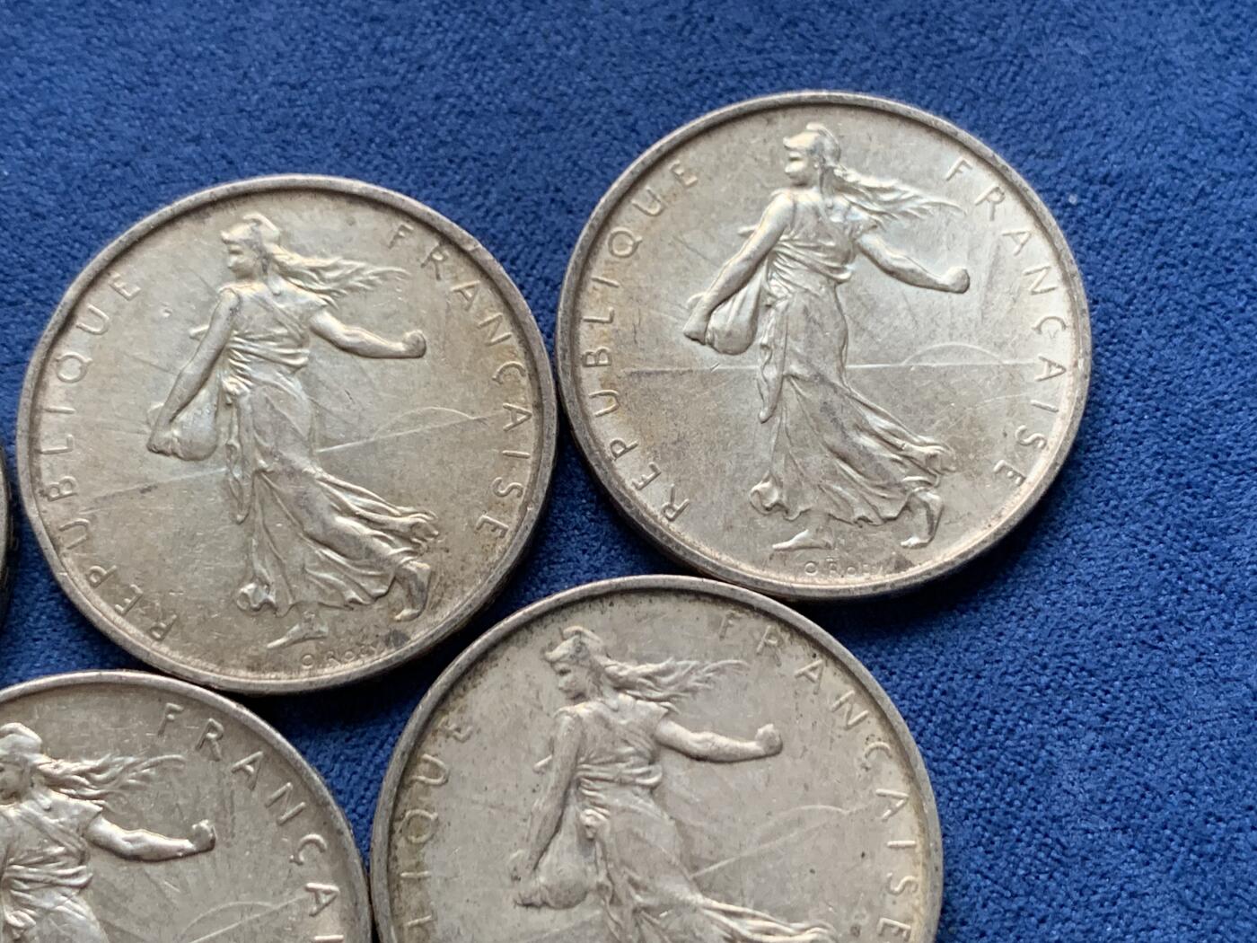 《竞宝斋》第473场 周日，周一 2场连拍 （全场包邮）欢迎送拍 五枚一组 法国播种女神5法郎银币 总重约60克