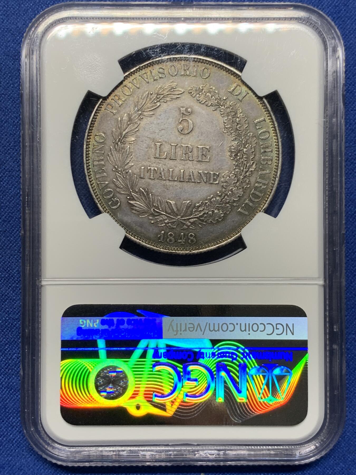 《竞宝斋》第473场 周日，周一 2场连拍 （全场包邮）欢迎送拍 NGC MS61 意大利伦巴第威尼斯革命临时政府1848年5里拉大银币，超级漂亮的深彩包浆，出分非常不易，该品种足够自藏的分数。