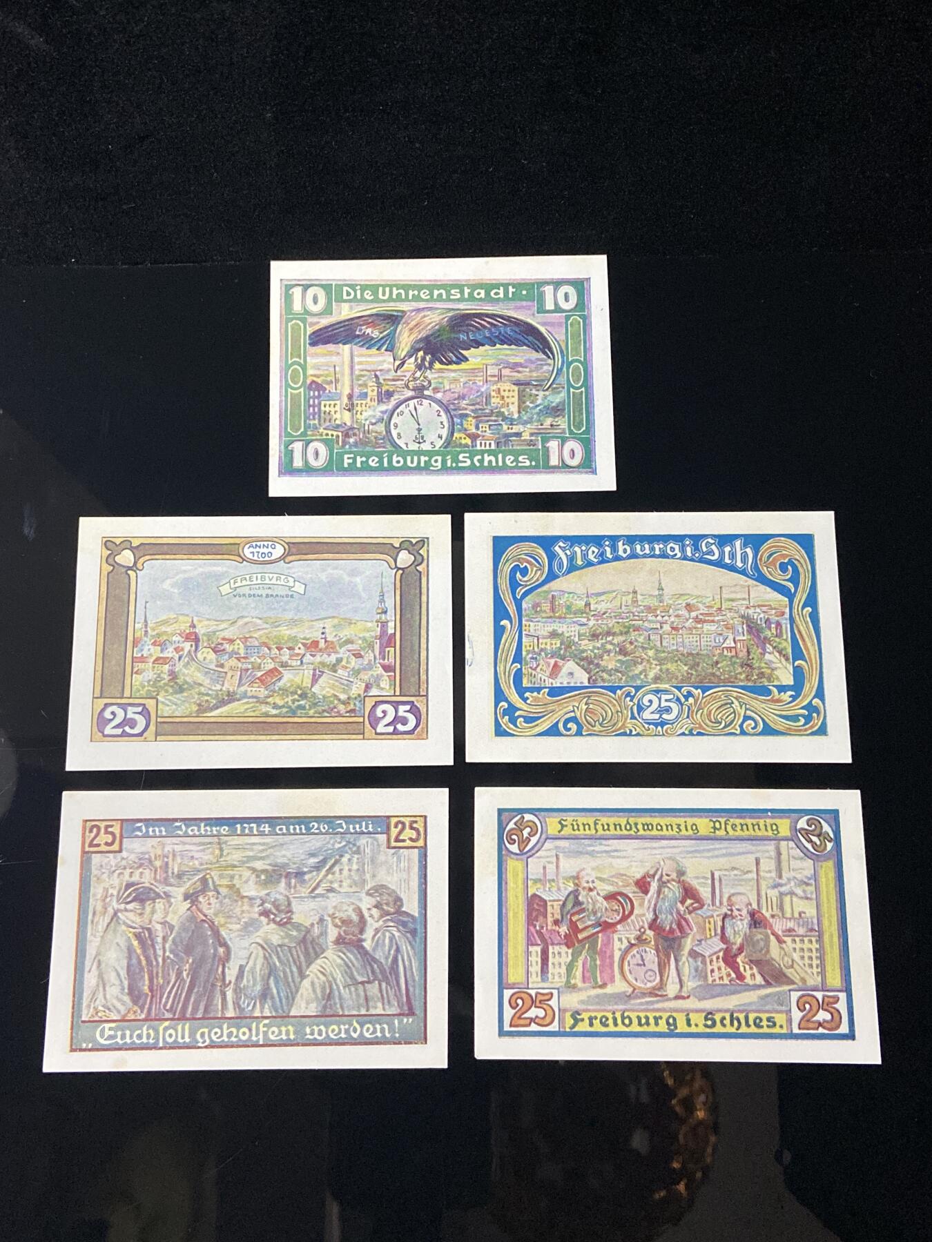 2026年第三十七场(总第二百零六场）德紧纸币特拍场(佣金3%，最低1元) 德紧纸币–德国西里西亚省弗赖堡市（Stadt Freiburg in Schlesien，今波兰希维德尼察Świdnica）10、25芬妮五枚套票