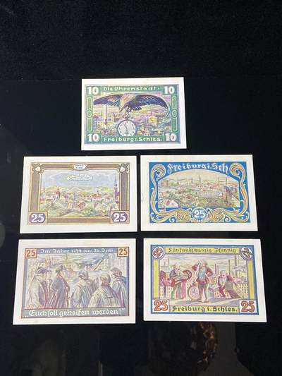 2026年第三十七场(总第二百零六场）德紧纸币特拍场(佣金3%，最低1元) - 德紧纸币–德国西里西亚省弗赖堡市（Stadt Freiburg in Schlesien，今波兰希维德尼察Świdnica）10、25芬妮五枚套票