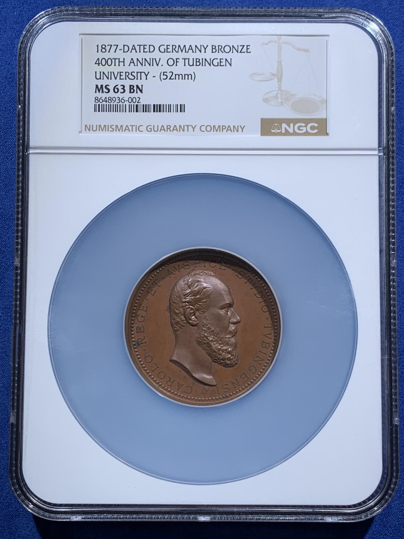 《竞宝斋》第473场 周日，周一 2场连拍 （全场包邮）欢迎送拍 NGC MS63BN 德国1877符腾堡公国蒂宾根大学建校400周年铜章 巧克力色图案饱满 52mm大规格 加大加厚盒装