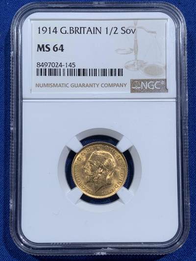 《竞宝斋》第473场 周日，周一 2场连拍 （全场包邮）欢迎送拍 - NGC MS64 英国1914年乔治五世1/2索维林金币，9167金，3.99克，丝滑底板，可藏高分，入手好时机。