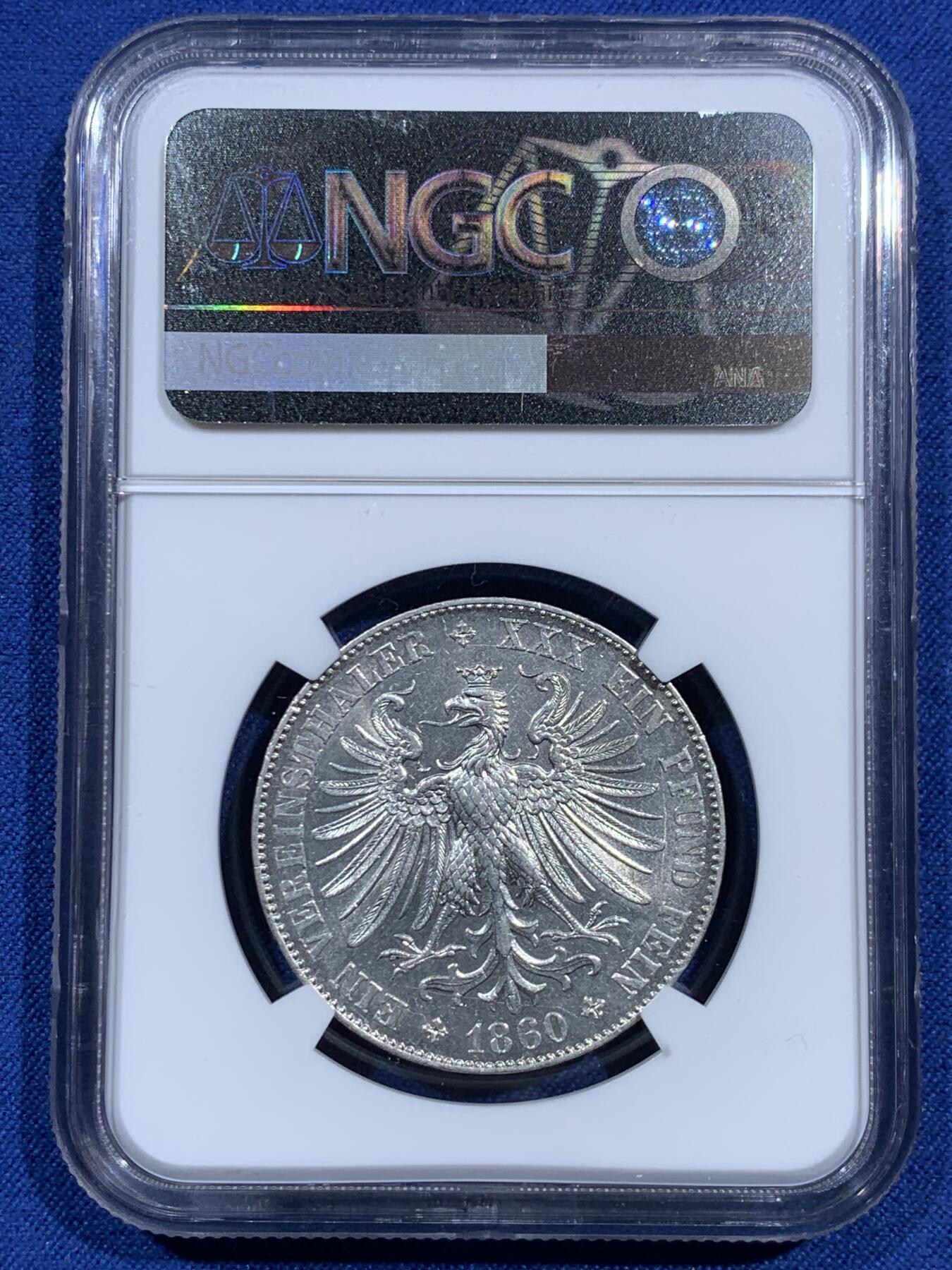 《竞宝斋》第473场 周日，周一 2场连拍 （全场包邮）欢迎送拍 NGC MS62 德国1860年法兰克福少女1泰勒银币，原光好品，非常火热的品种，MS62难度不小。