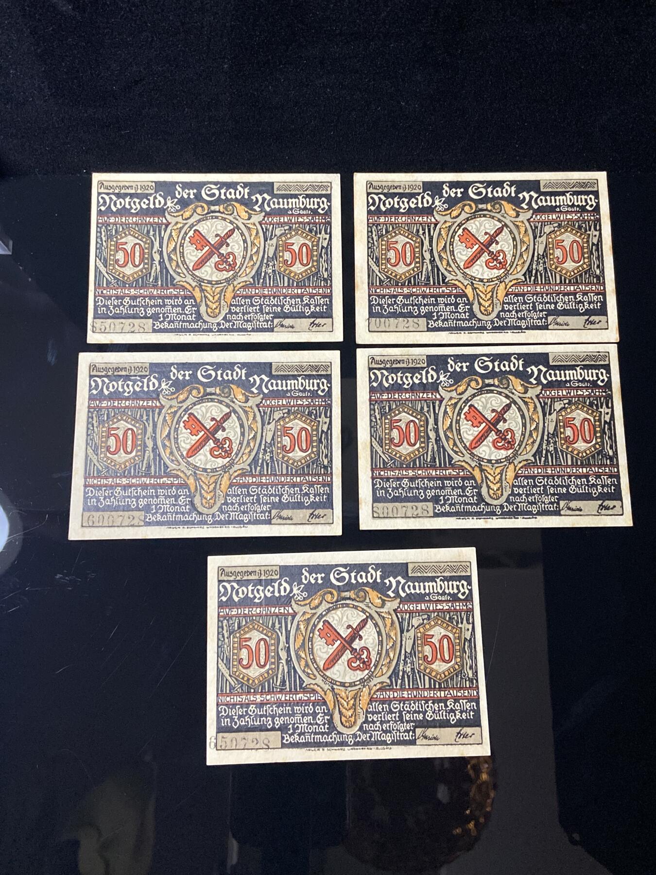 2026年第三十七场(总第二百零六场）德紧纸币特拍场(佣金3%，最低1元) 德紧纸币–德国萨克森-安哈尔特州瑙姆堡市（Stadt Naumburg）50芬妮五枚套票