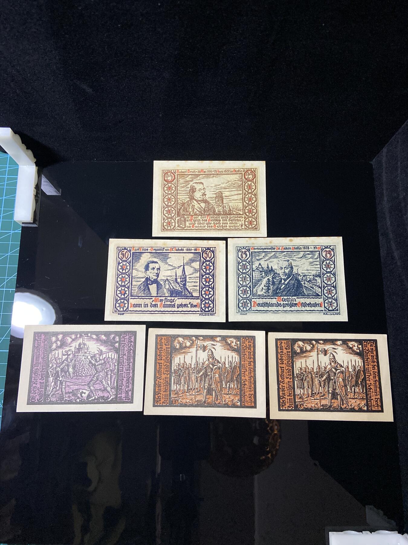 2026年第三十七场(总第二百零六场）德紧纸币特拍场(佣金3%，最低1元) 德国施托尔茨韦岑（Stolzenberg）25、50、75芬妮三枚套票加德国石勒苏益格-荷尔斯泰因州绍尔陶市（Scholtau）50芬妮三枚套票