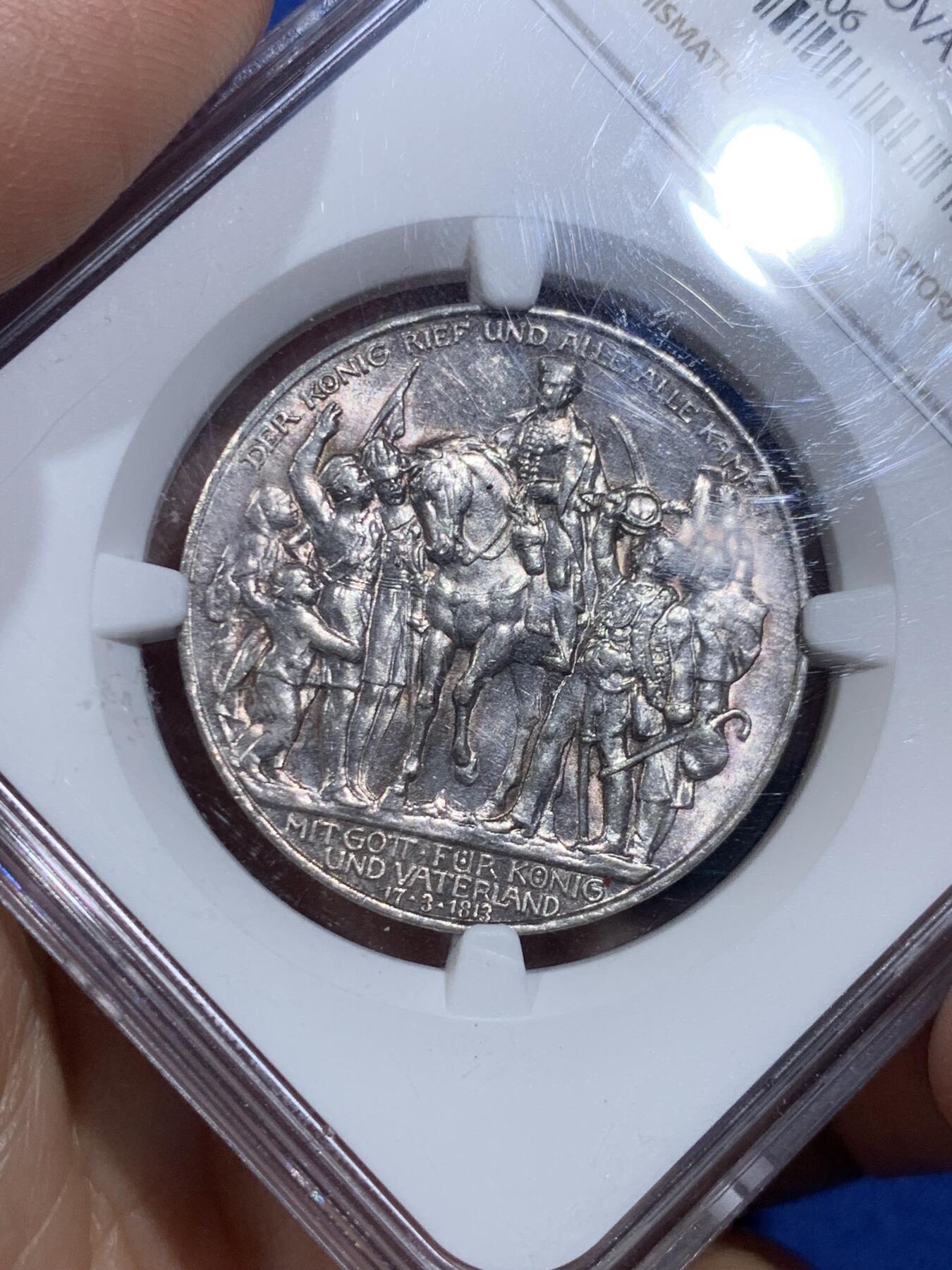 《竞宝斋》第473场 周日，周一 2场连拍 （全场包邮）欢迎送拍 NGC AUD 德国1913年拿破仑战争胜利百年3马克银币 重16.667g