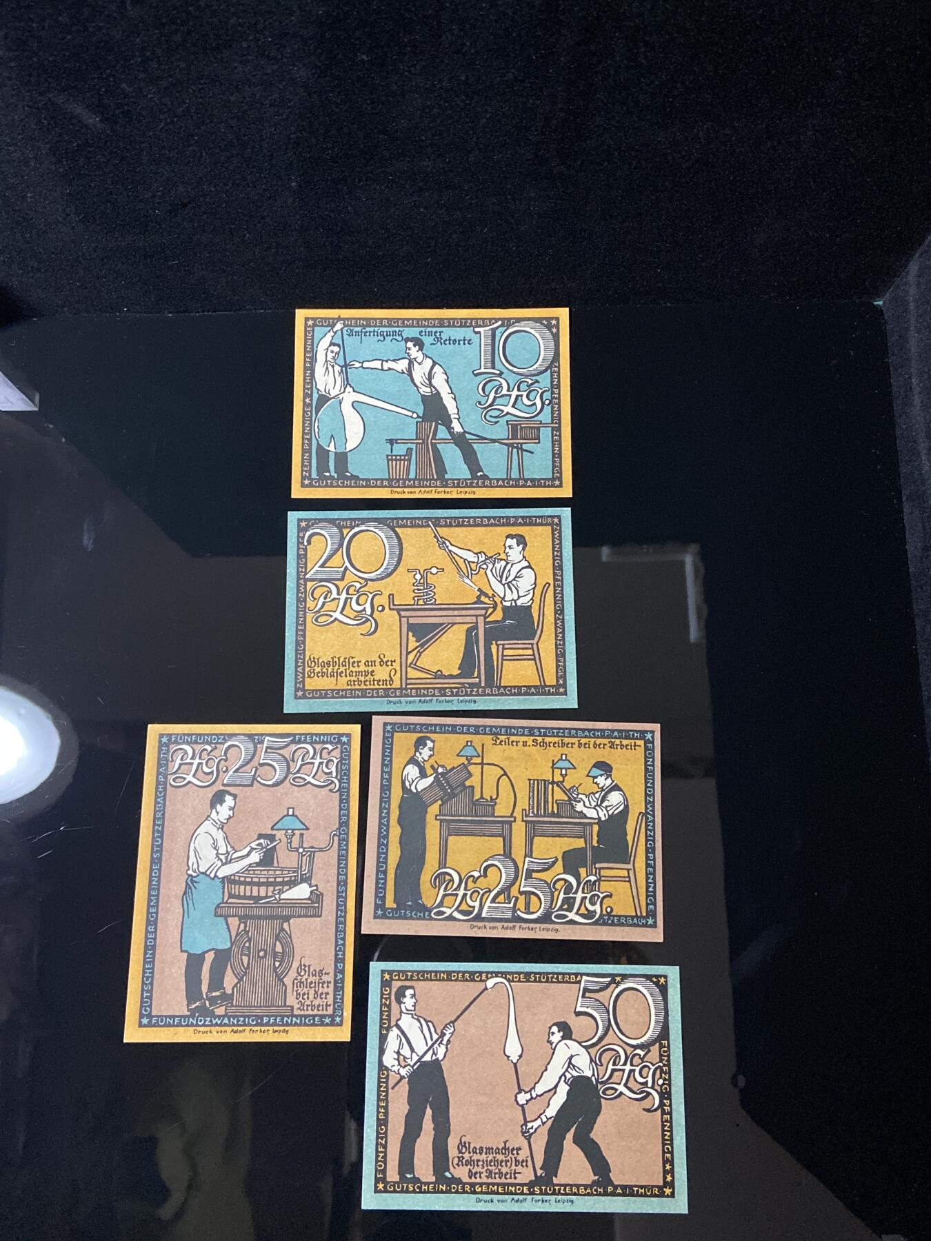 2026年第三十七场(总第二百零六场）德紧纸币特拍场(佣金3%，最低1元) 德紧纸币–德国图林根州斯陶特巴赫镇（Gemeinde Stutterbach/Stützerbach i. Thür.，Thür.为图林根Thüringen缩写）10、20、25、50芬妮五枚套票