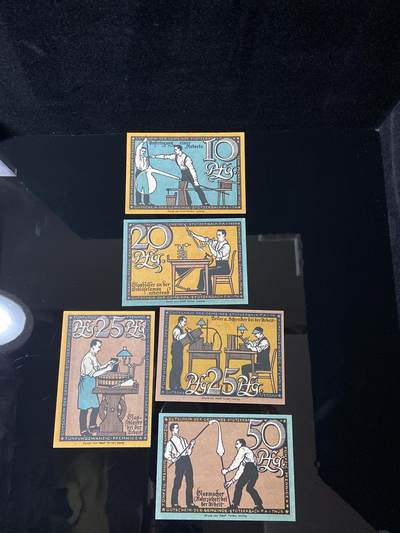 2026年第三十七场(总第二百零六场）德紧纸币特拍场(佣金3%，最低1元) - 德紧纸币–德国图林根州斯陶特巴赫镇（Gemeinde Stutterbach/Stützerbach i. Thür.，Thür.为图林根Thüringen缩写）10、20、25、50芬妮五枚套票