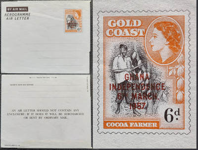 洪涛臻品批发群 精选邮票限时拍卖第1292期  - 非洲黄金海岸邮资邮简 加盖改作1957年3月6日加纳独立纪念”--收割热带水果，全新