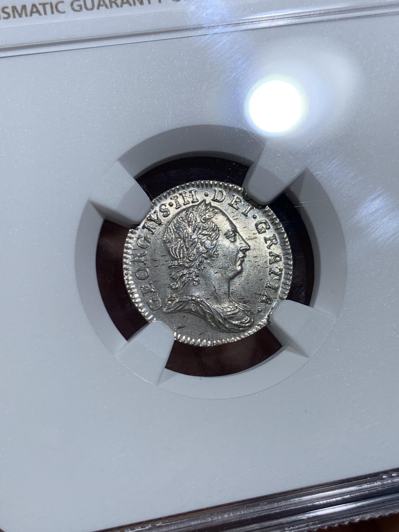 《竞宝斋》第473场 周日，周一 2场连拍 （全场包邮）欢迎送拍 NGC MS64 英国1762年乔治三世3便士濯足币，原光，高分难得