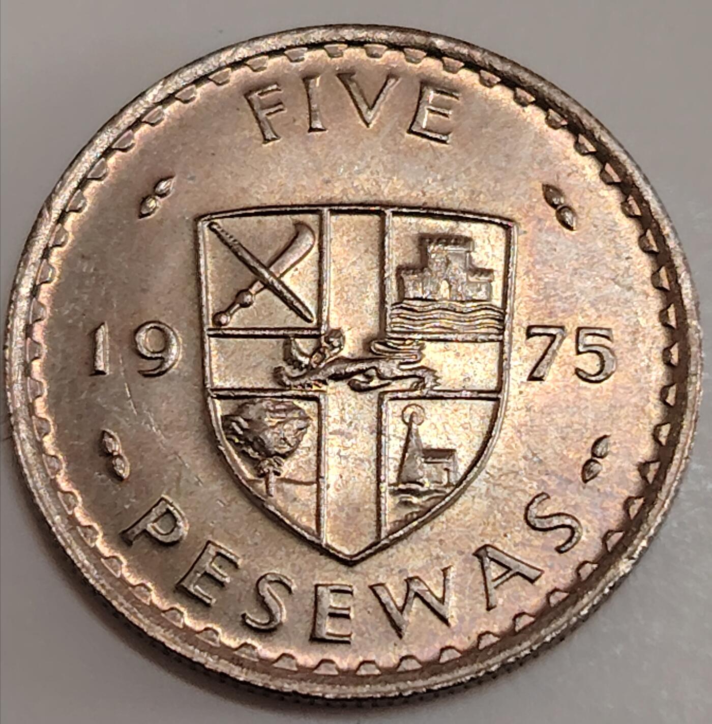 布加迪🐬～世界钱币(上海)🌾第 282 期 /  各国套币和散币 加纳🇬🇭 1975年 5比赛瓦 原光好品～C10