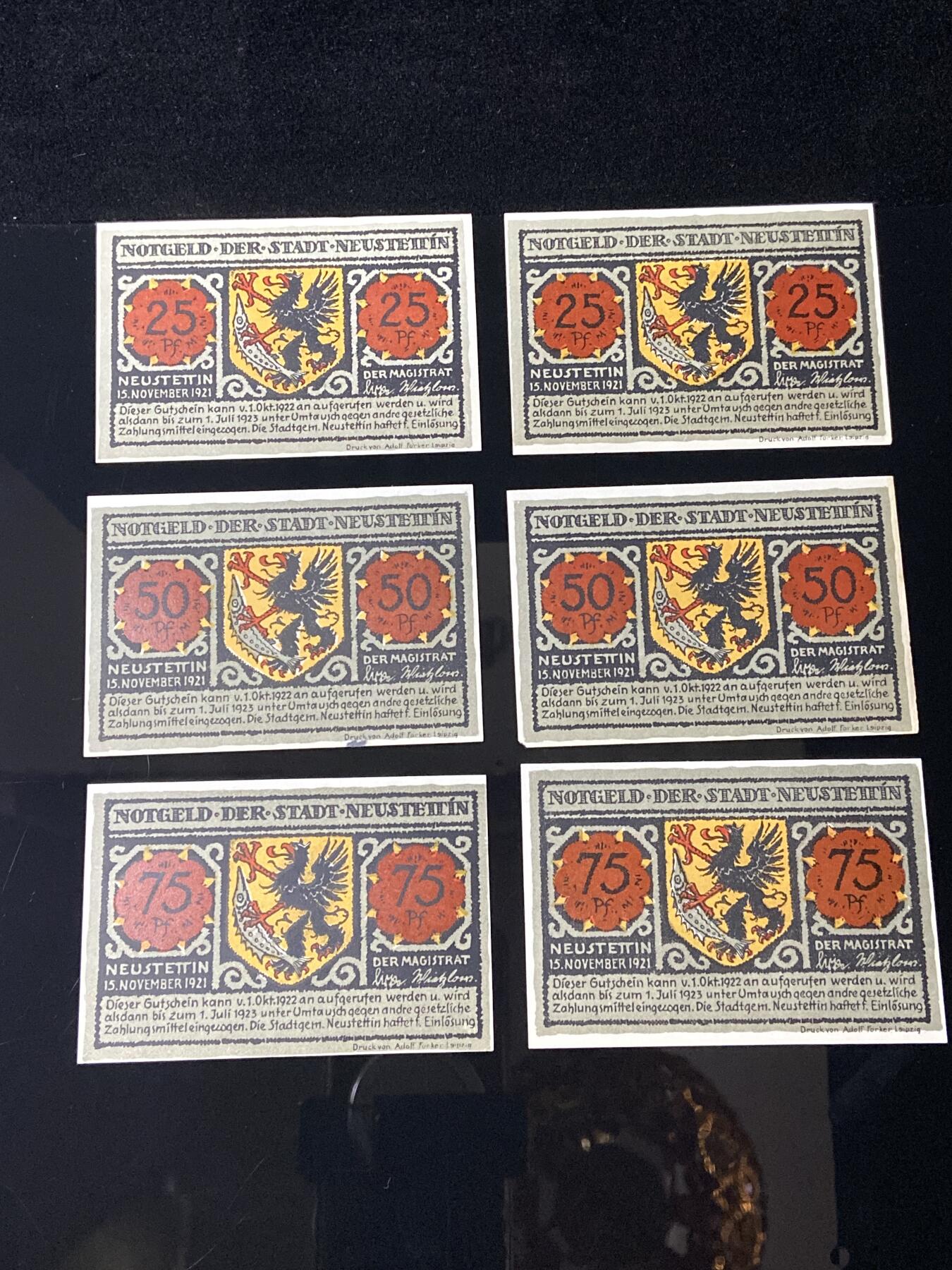 2026年第三十七场(总第二百零六场）德紧纸币特拍场(佣金3%，最低1元) 德紧纸币–德国波美拉尼亚省诺伊施泰廷市（Neustettin，今波兰什切青旧城Szczecinek）25、50、75芬妮六枚套票