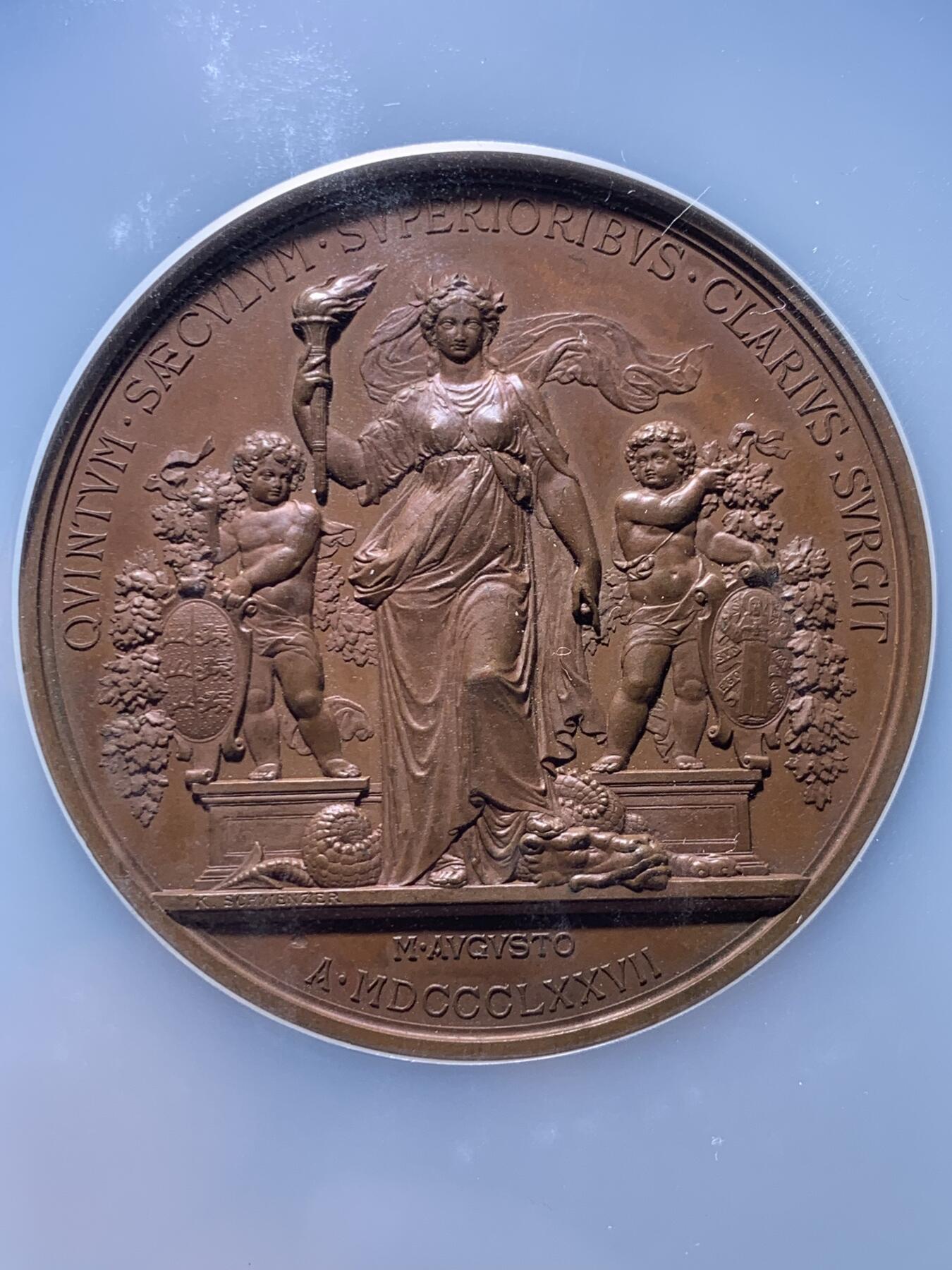 《竞宝斋》第473场 周日，周一 2场连拍 （全场包邮）欢迎送拍 NGC MS63BN 德国1877符腾堡公国蒂宾根大学建校400周年铜章 巧克力色图案饱满 52mm大规格 加大加厚盒装