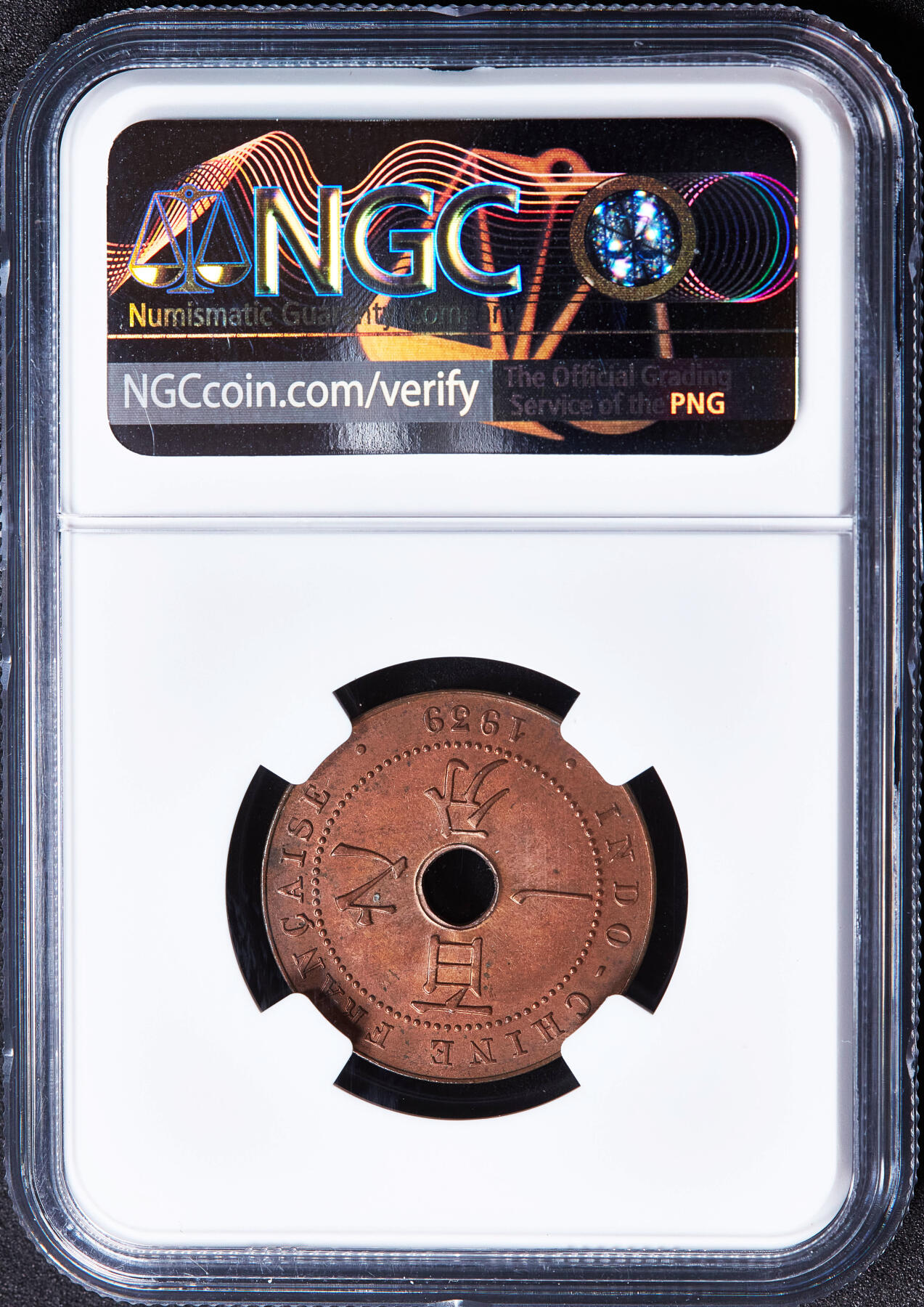 【俄甄集藏】2026年(050)04-01星期三 晚 19:30 全场包邮 法属印度支那1939年A版中孔百分之一（1分）铜币，NGC MS64RB，原铜光难得