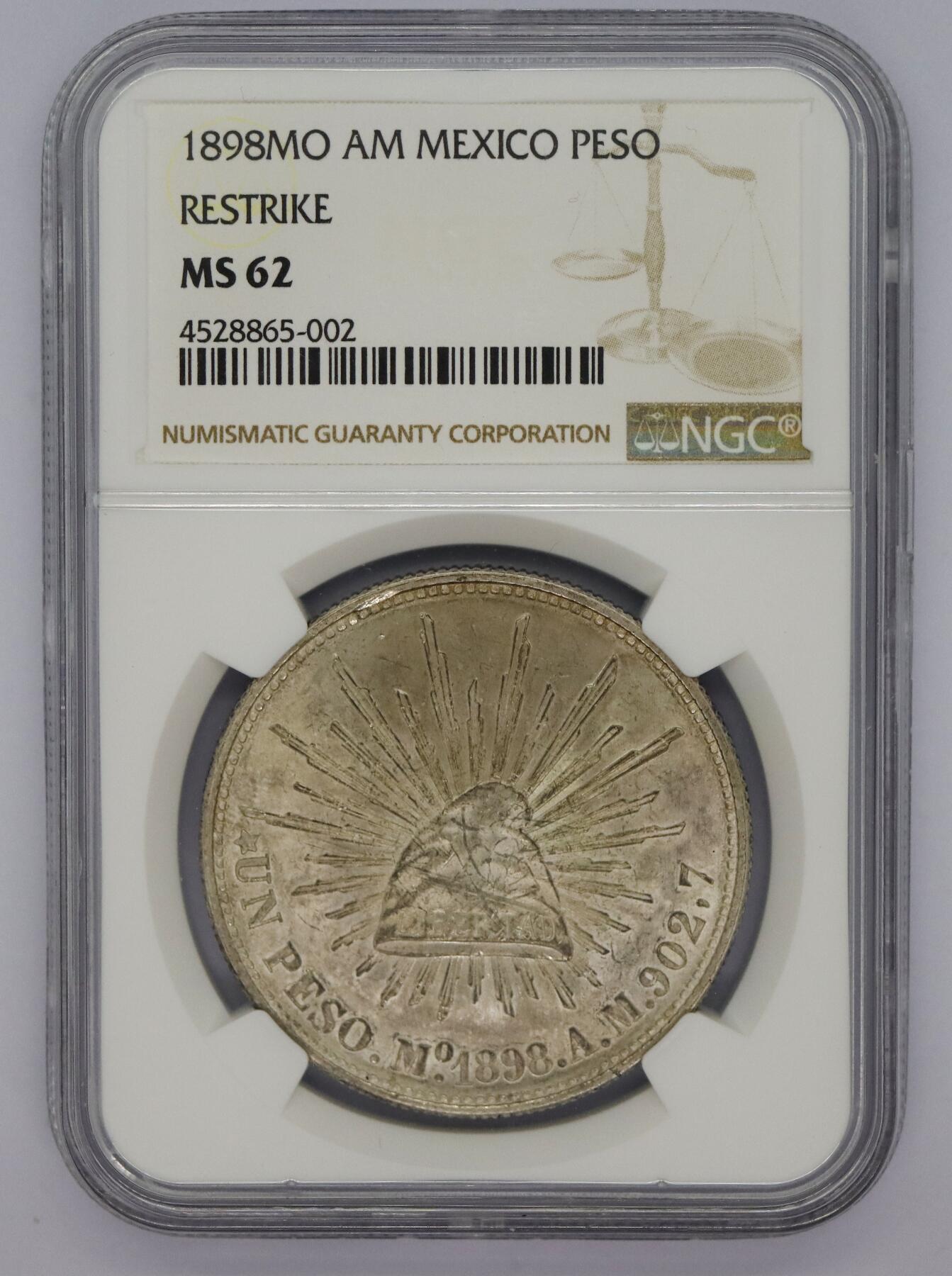 观钱 近现代机制币拍卖No.005（全场顺丰包邮，不区分偏远地区）  1898 年 MO AM 版墨西哥 1 比索银币（后铸版） NGC 62