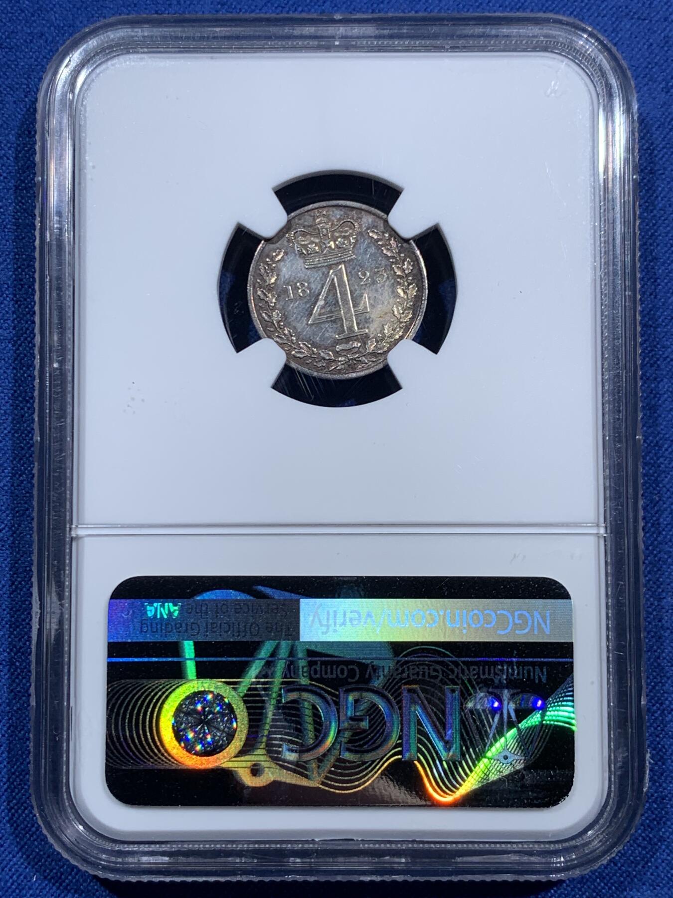 《竞宝斋》第473场 周日，周一 2场连拍 （全场包邮）欢迎送拍 四枚一组 NGC UNCD-MS62 英国1823年乔治四世濯足币 1-4便士银币