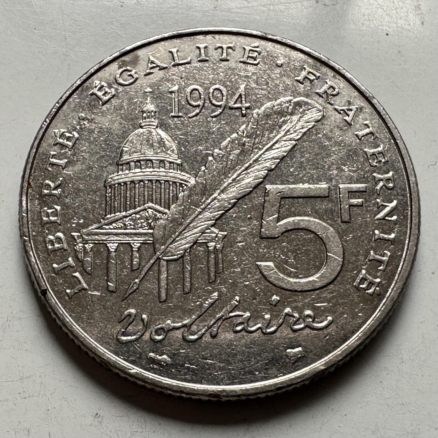 🌹外币初藏🌹🐯2026年第33场   每周二四六晚8️⃣点 接代拍 法国1994年伏尔泰5法郎纪念币