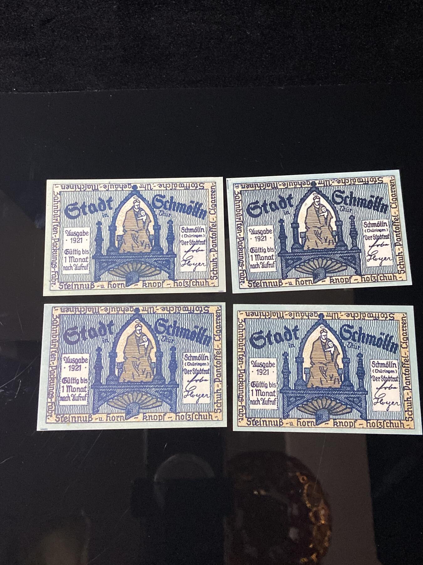 2026年第三十七场(总第二百零六场）德紧纸币特拍场(佣金3%，最低1元) 德紧纸币–德国图林根州施默尔恩市（Stadt Schmölln）50芬妮四枚套票