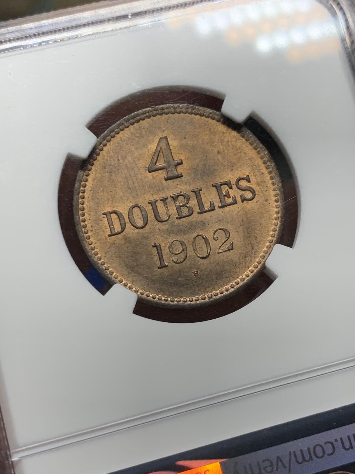 《竞宝斋》第473场 周日，周一 2场连拍 （全场包邮）欢迎送拍 NGC MS64RB 红铜光高分 1902年英属根西岛4D 盾徽上狮子脸清晰 非常讨喜的英国海外领土品种