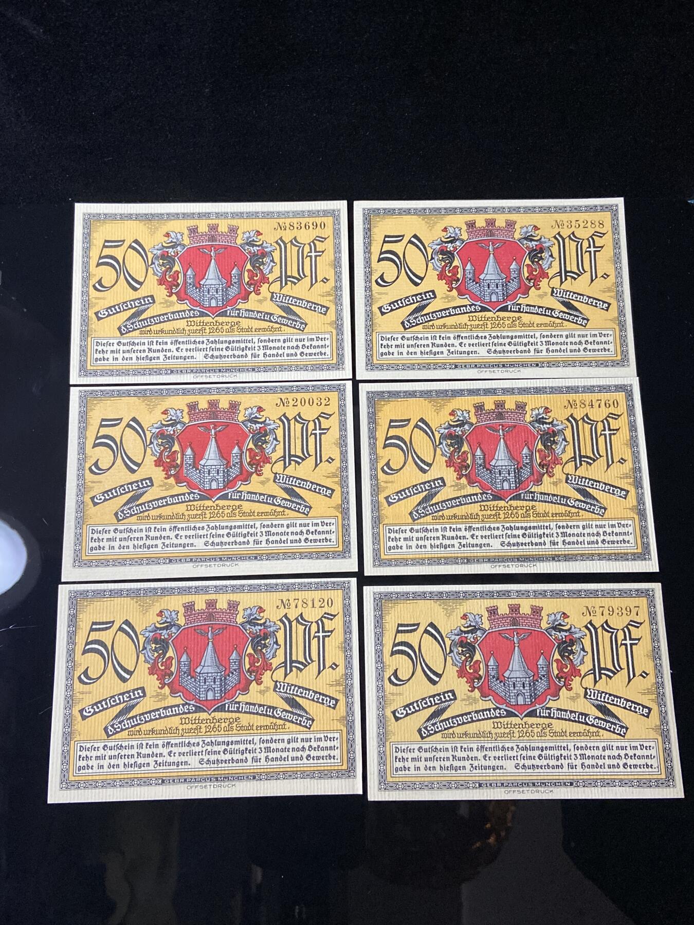 2026年第三十七场(总第二百零六场）德紧纸币特拍场(佣金3%，最低1元) 德紧纸币–德国萨克森-安哈尔特州维滕贝格市（Wittenberge），纸币底部标注 Wittenberge，50芬妮六枚套票