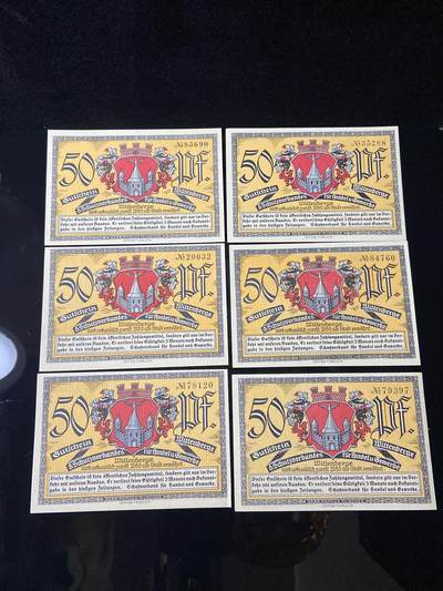 2026年第三十七场(总第二百零六场）德紧纸币特拍场(佣金3%，最低1元) - 德紧纸币–德国萨克森-安哈尔特州维滕贝格市（Wittenberge），纸币底部标注 Wittenberge，50芬妮六枚套票