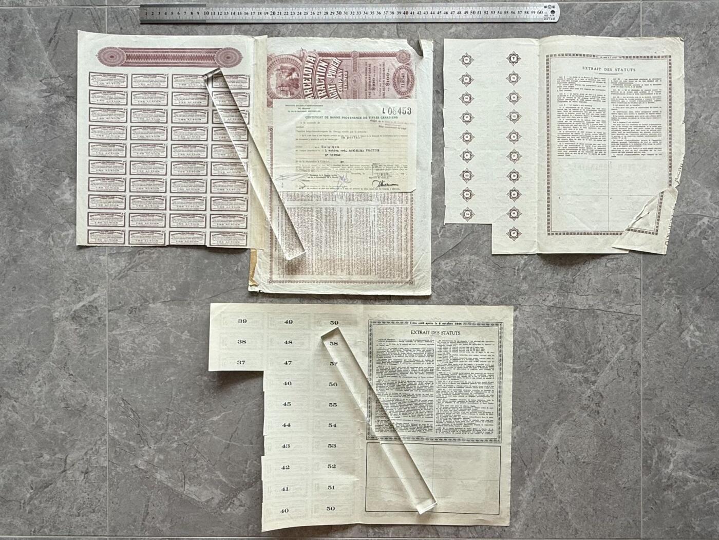 【乾奕收藏】出上世纪初欧洲国家企业股票债券12张，部分带分红息票，老股票实物难得，品相如图，老股票债券因材质保存环境等原因均存在不同程度的裂口，破损缺角，折角，虫蛀，老式贴补等瑕疵，请仔细看图认可品相再确认，发货免费提供纸筒邮寄。喜欢的老板不要错过，评级币一切以分数为准，售出非假不退