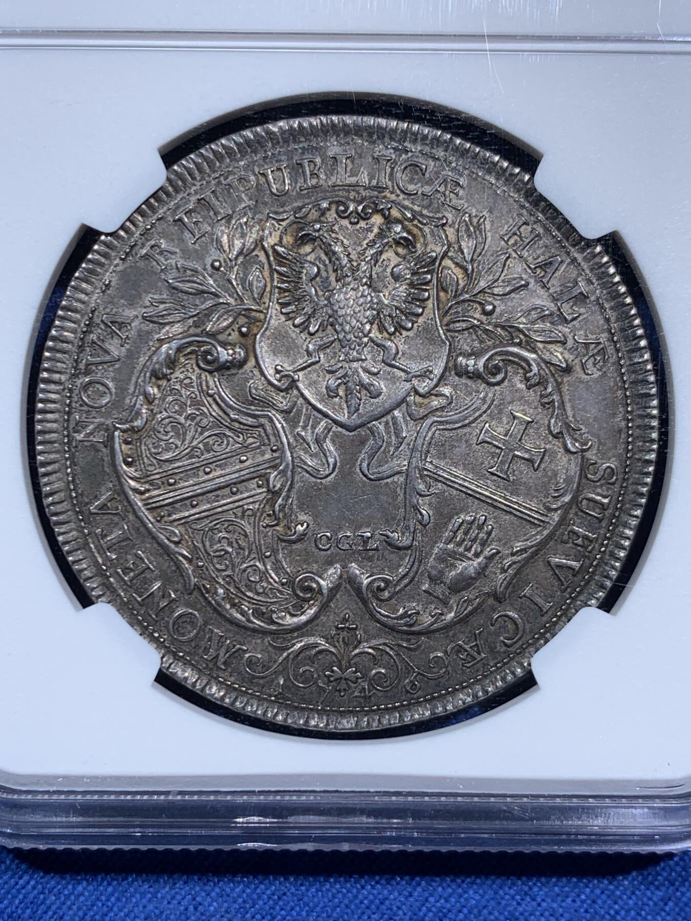 《竞宝斋》第473场 周日，周一 2场连拍 （全场包邮）欢迎送拍 NGC MS62 神圣罗马帝国 1746年 德国 哈尔自由市三盾徽大泰勒银币 发行量仅800枚 精细高浮雕神罗皇帝的弗朗西斯一世（玛利亚特蕾莎的丈夫）包浆深邃 高点保持的很好 感觉低评