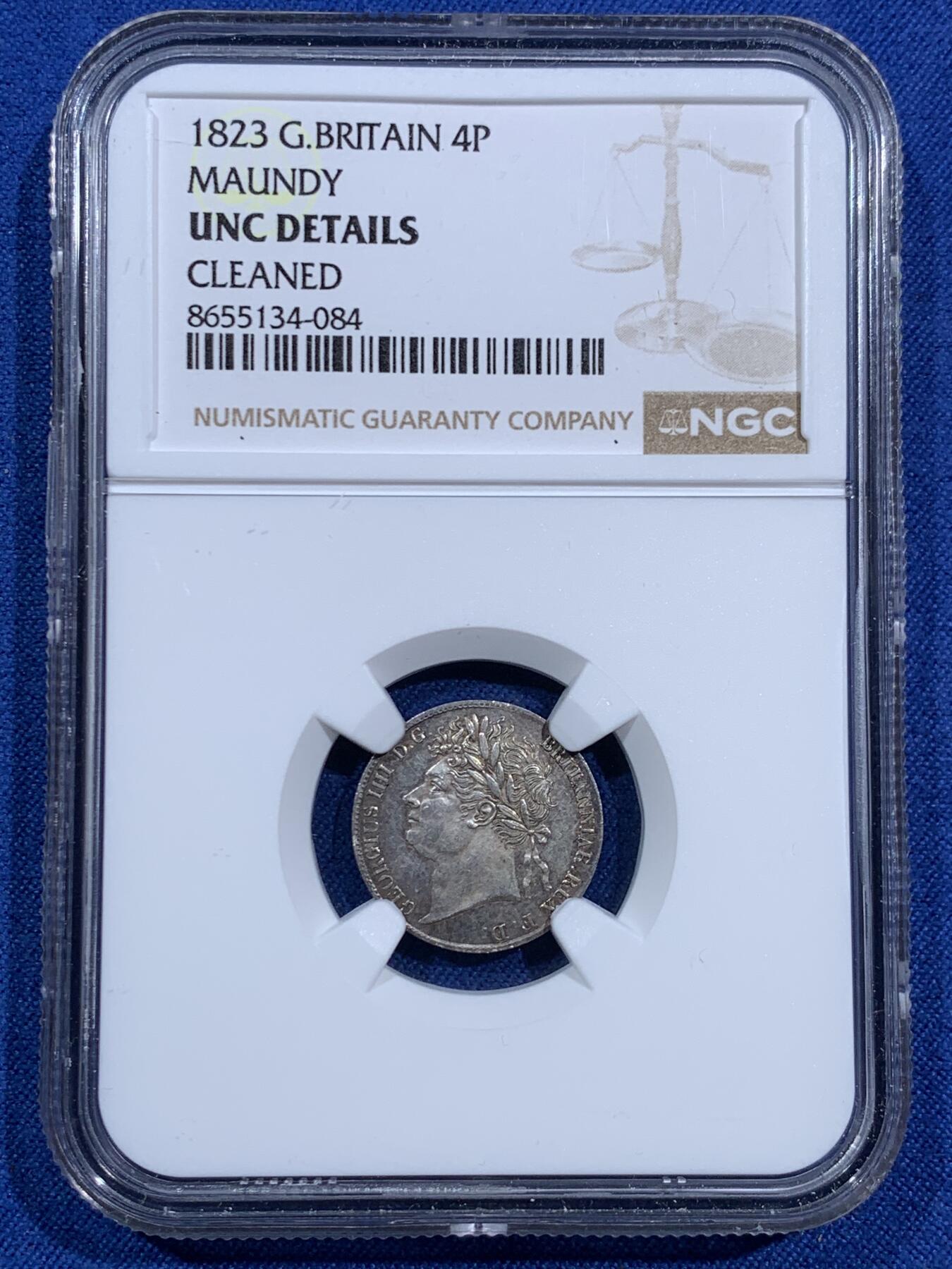 《竞宝斋》第473场 周日，周一 2场连拍 （全场包邮）欢迎送拍 四枚一组 NGC UNCD-MS62 英国1823年乔治四世濯足币 1-4便士银币