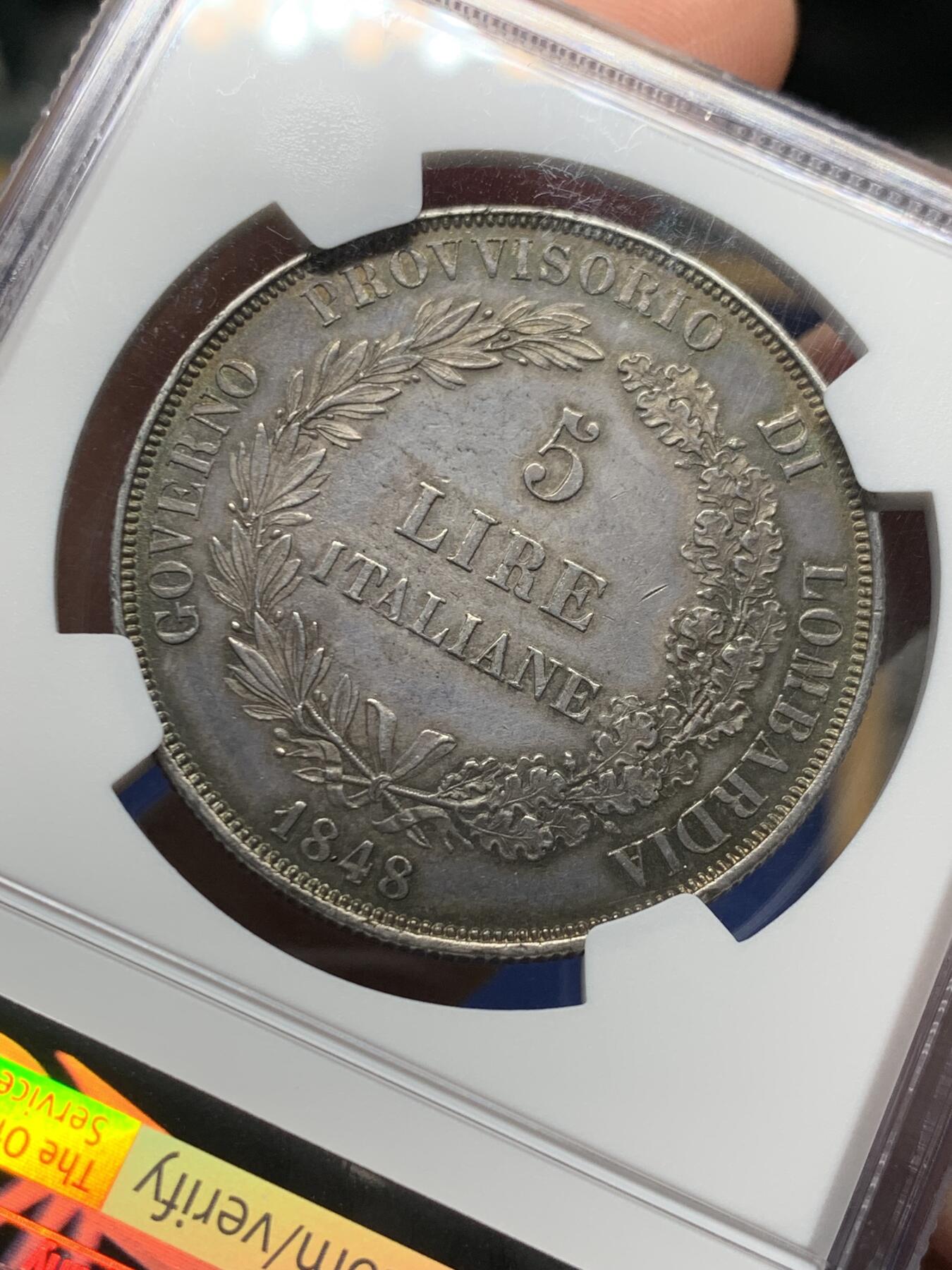 《竞宝斋》第473场 周日，周一 2场连拍 （全场包邮）欢迎送拍 NGC MS61 意大利伦巴第威尼斯革命临时政府1848年5里拉大银币，超级漂亮的深彩包浆，出分非常不易，该品种足够自藏的分数。